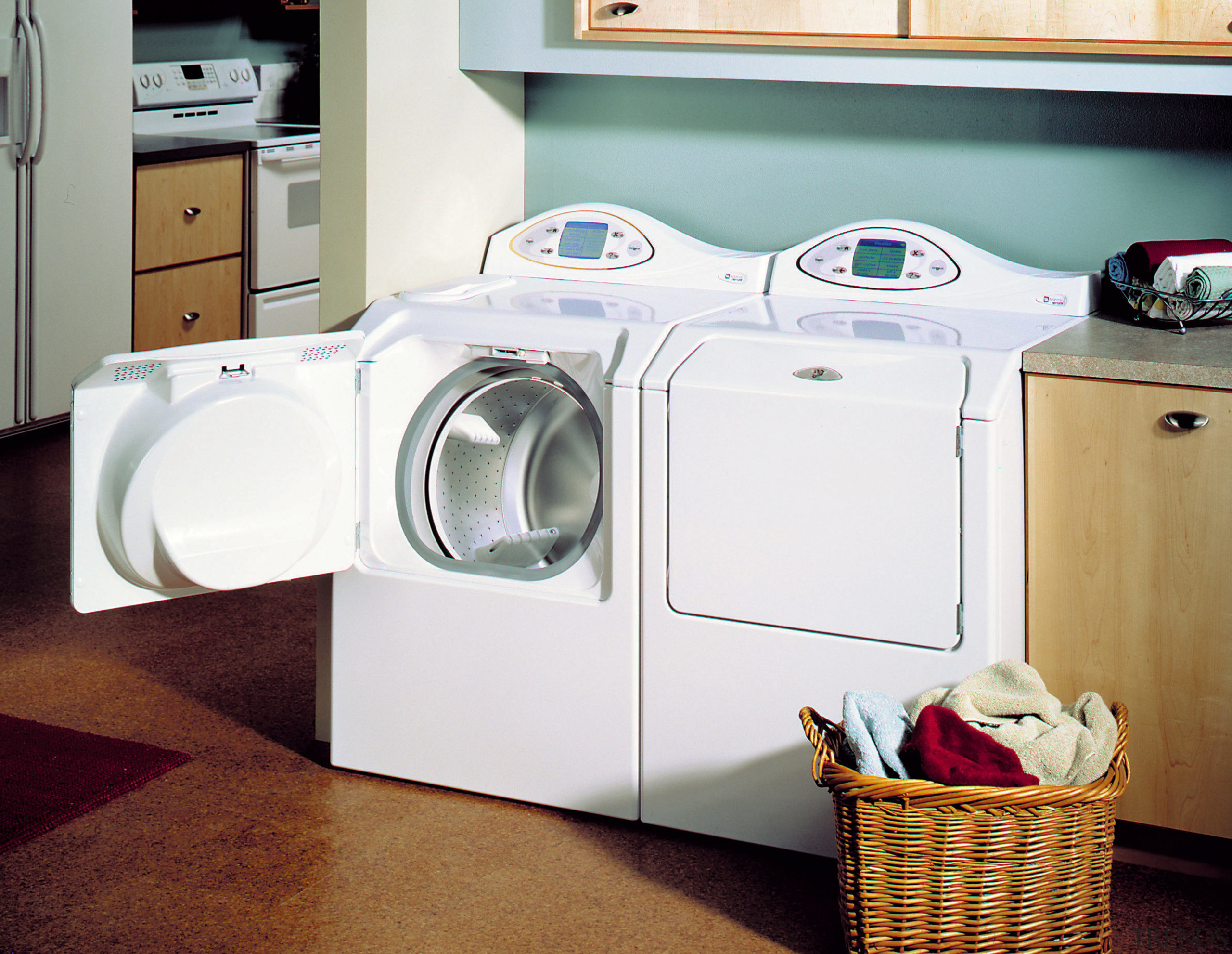 Laundry room with side by side front loading clothes dryer, home appliance, laundry, laundry room, major appliance, product, product design, room, washing machine, white