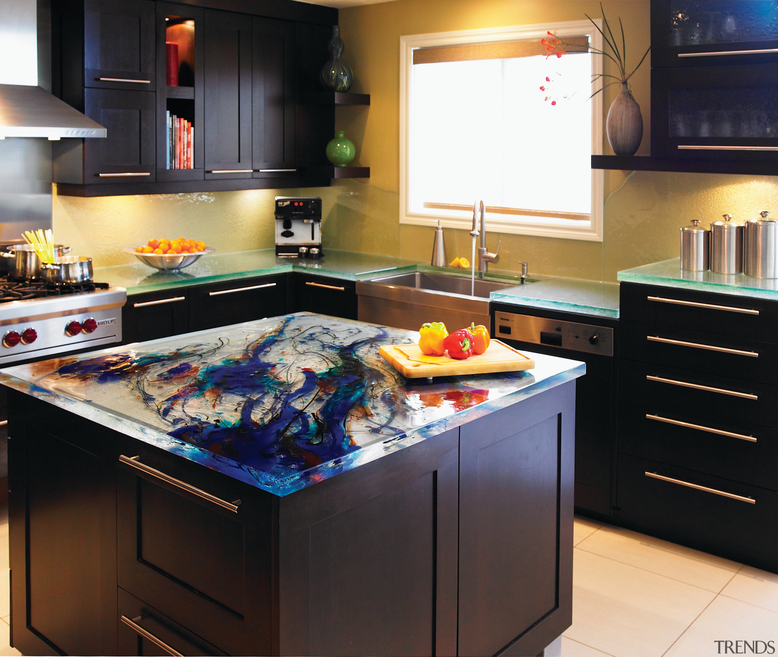 View of these glass countertops that are works cabinetry, countertop, interior design, kitchen, room, black