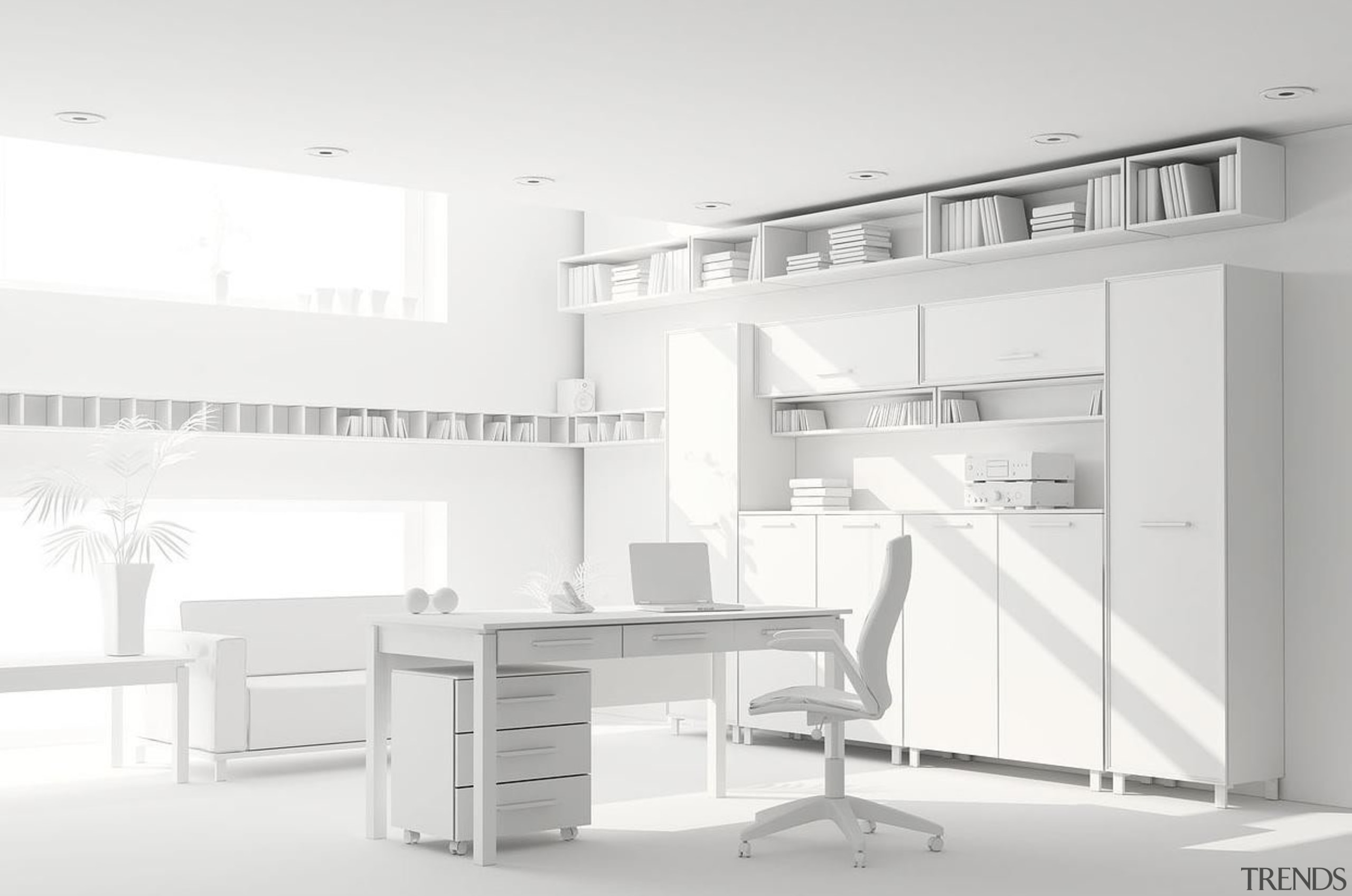 Visualising a home renovation project from plans can angle, black and white, desk, furniture, interior design, office, product, product design, shelving, white