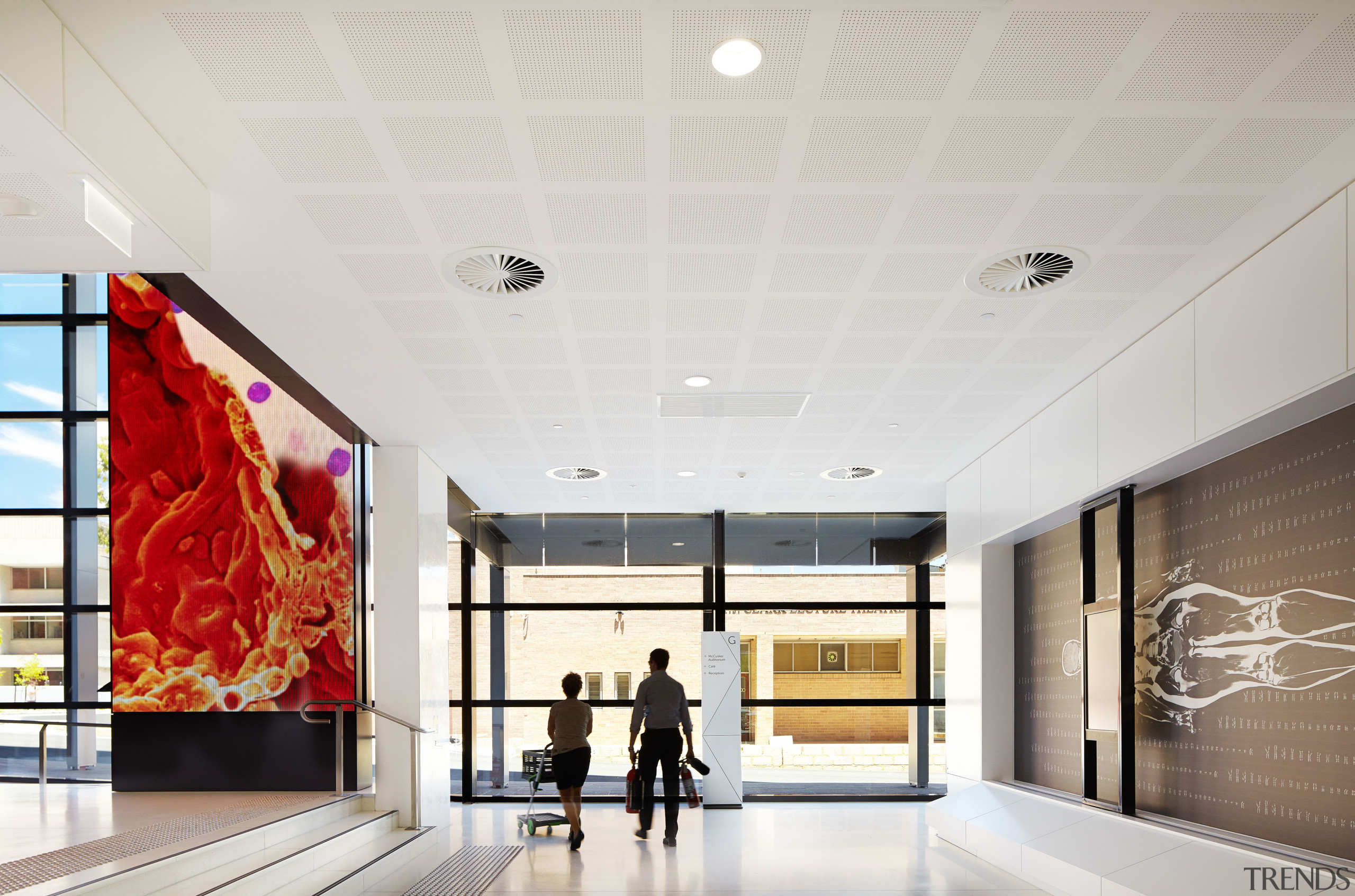 Large animated displays in the foyer of the architecture, ceiling, interior design, lobby, white
