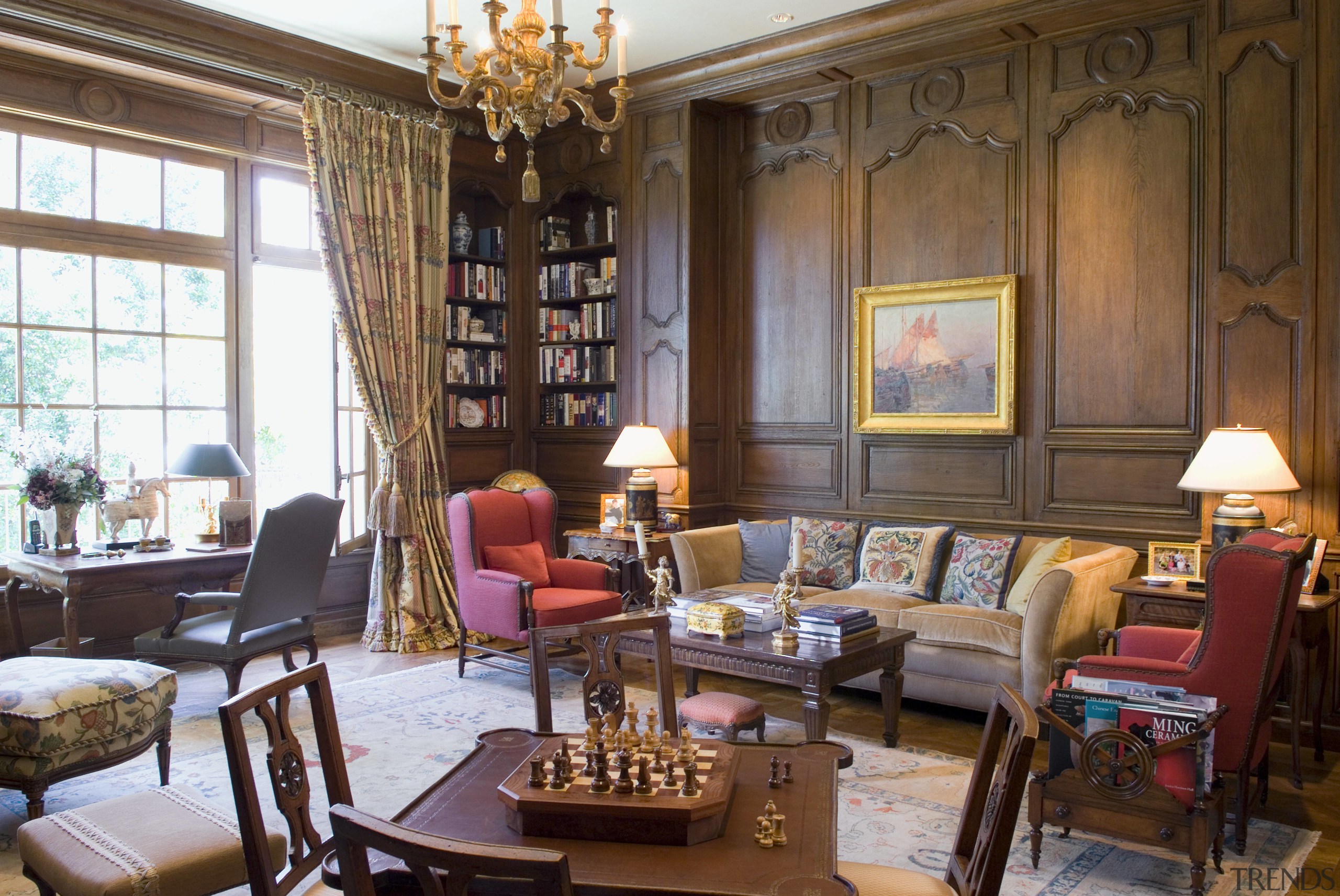 View of library, antique wall panelling from France, furniture, home, interior design, living room, real estate, room, window, brown