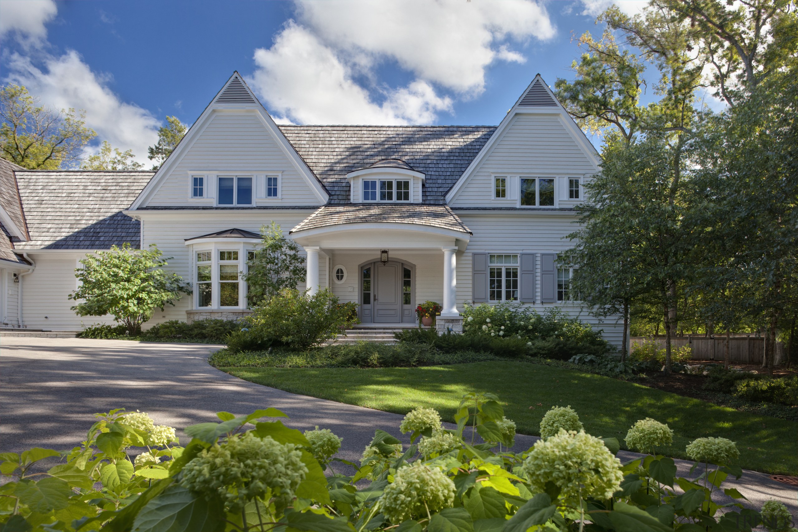 Exterior view of home. - Exterior view of cottage, elevation, estate, facade, farmhouse, historic house, home, house, landscape, landscaping, manor house, mansion, plant, property, real estate, residential area, roof, sky, suburb, gray