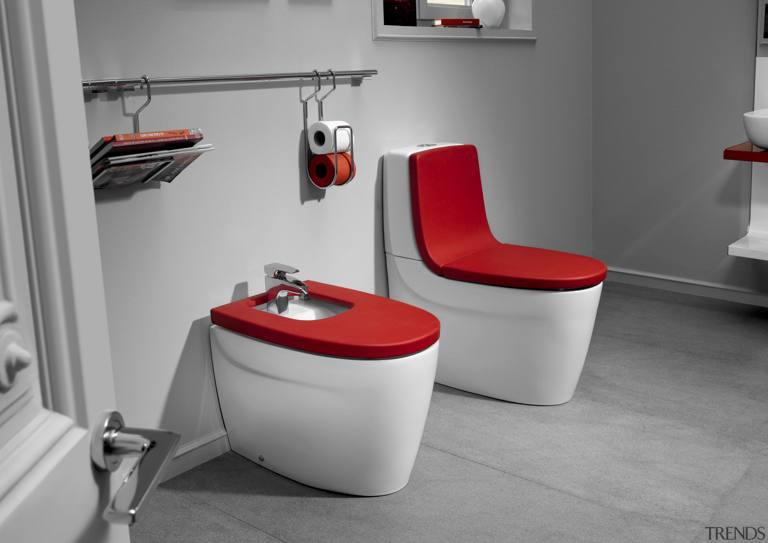 This bathroom features the Khroma range by Roca angle, bathroom, bidet, floor, interior design, plumbing fixture, product, product design, tap, toilet, toilet seat, gray