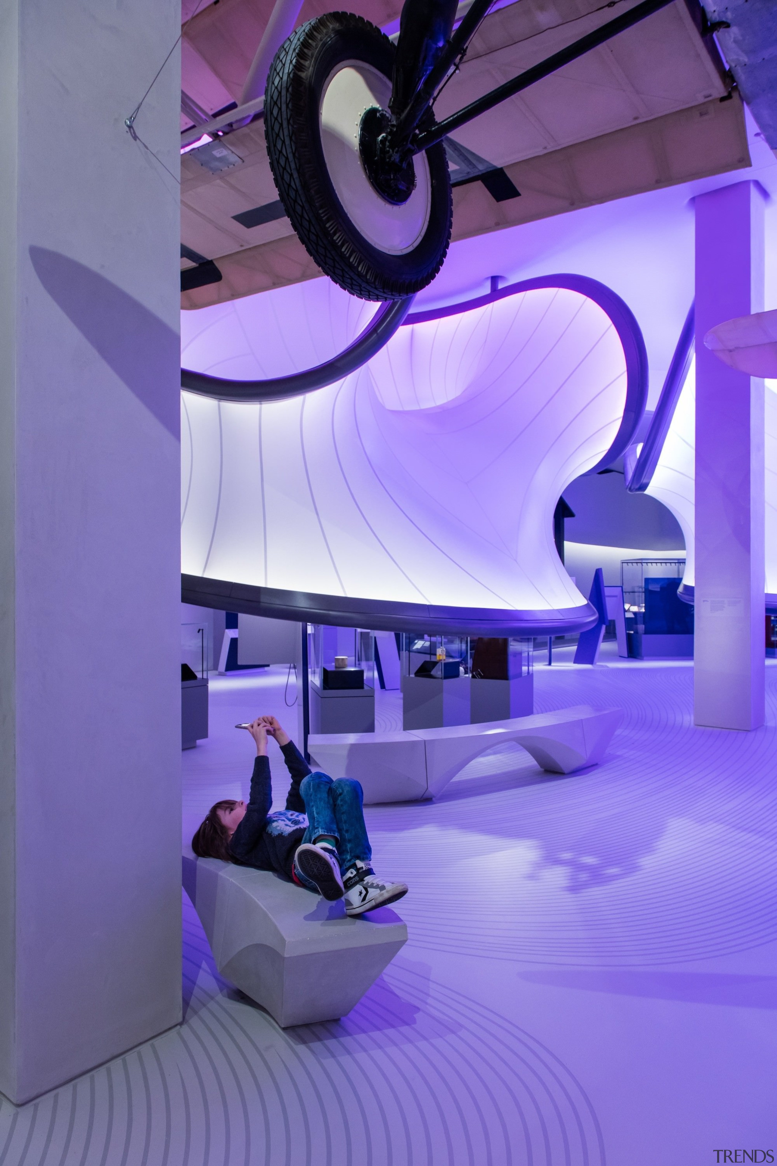 Zaha Hadid – Mathematics: The Winton Gallery – architecture, ceiling, design, interior design, light, lighting, product design, purple, violet, blue, purple