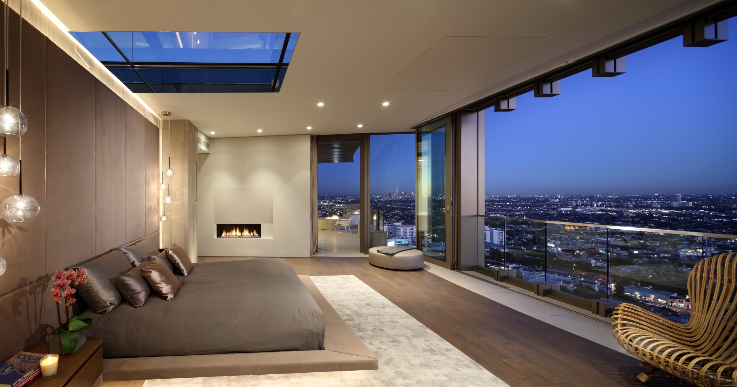 This master suite offers spectacular views but has apartment, architecture, ceiling, estate, home, house, interior design, lighting, living room, penthouse apartment, property, real estate, window, brown