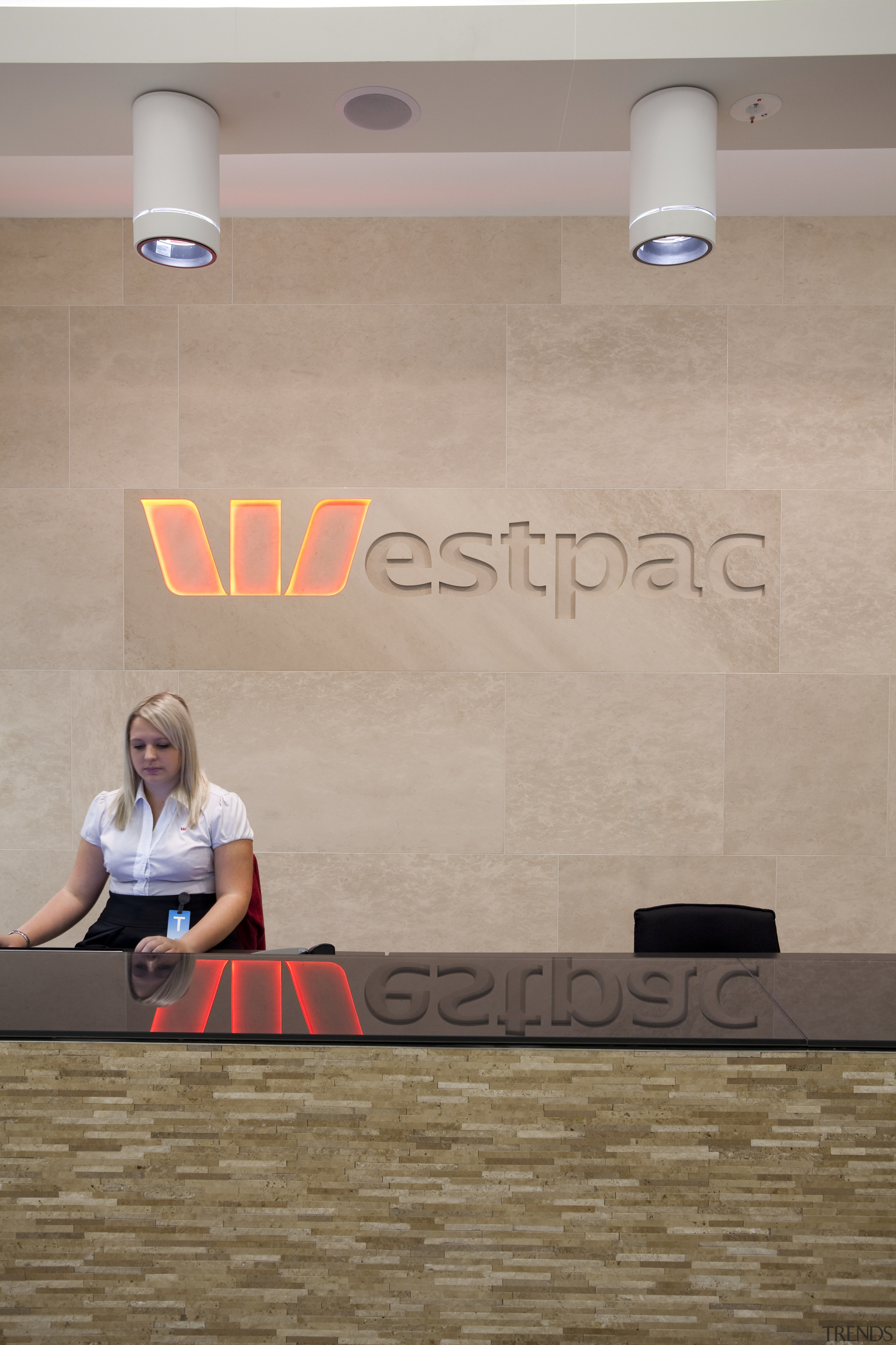 View of the new Westpac head office on ceiling, floor, flooring, hardwood, interior design, tile, wall, wood, gray, brown