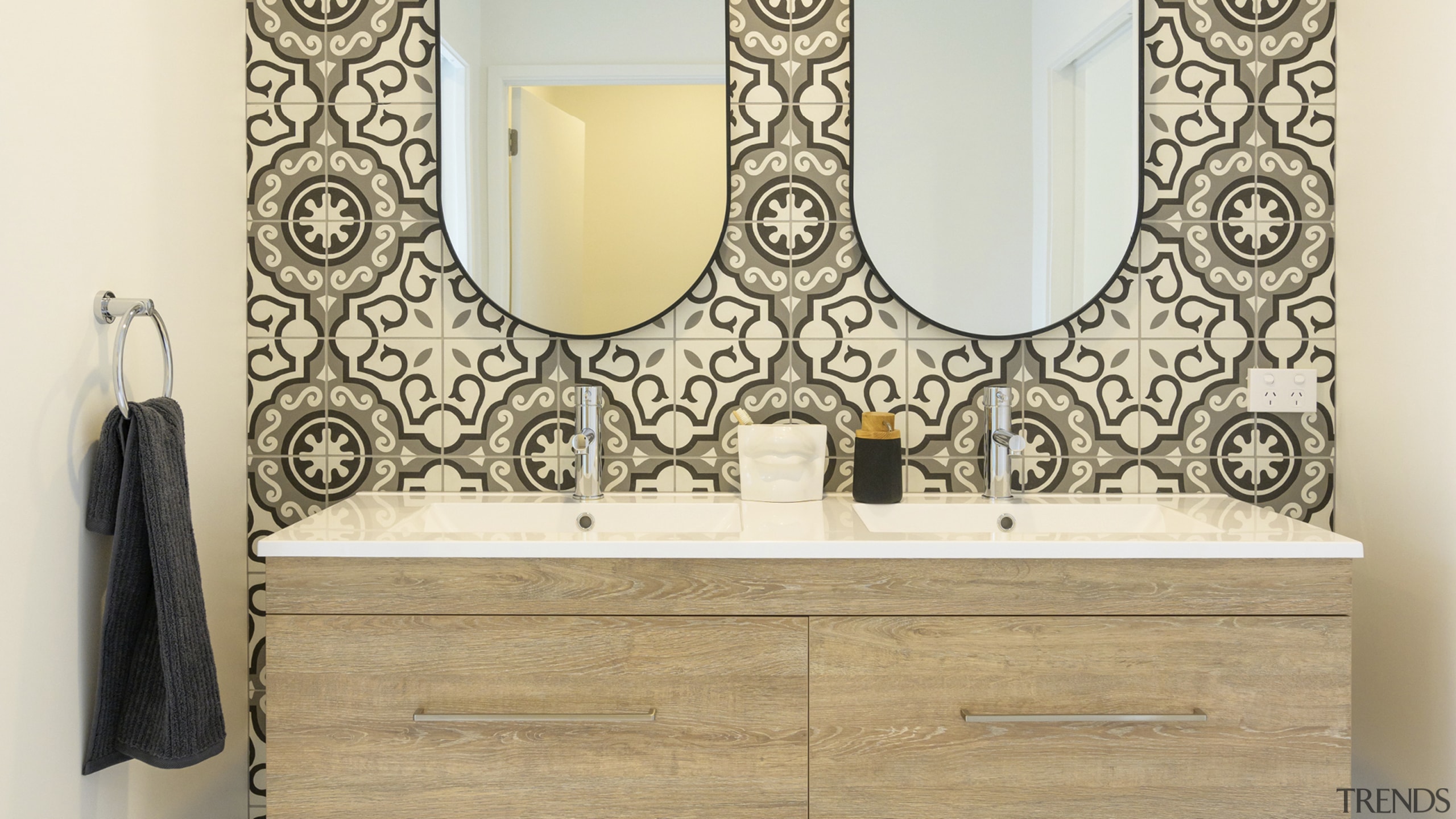 The main bathroom – with timber vanity, oval 