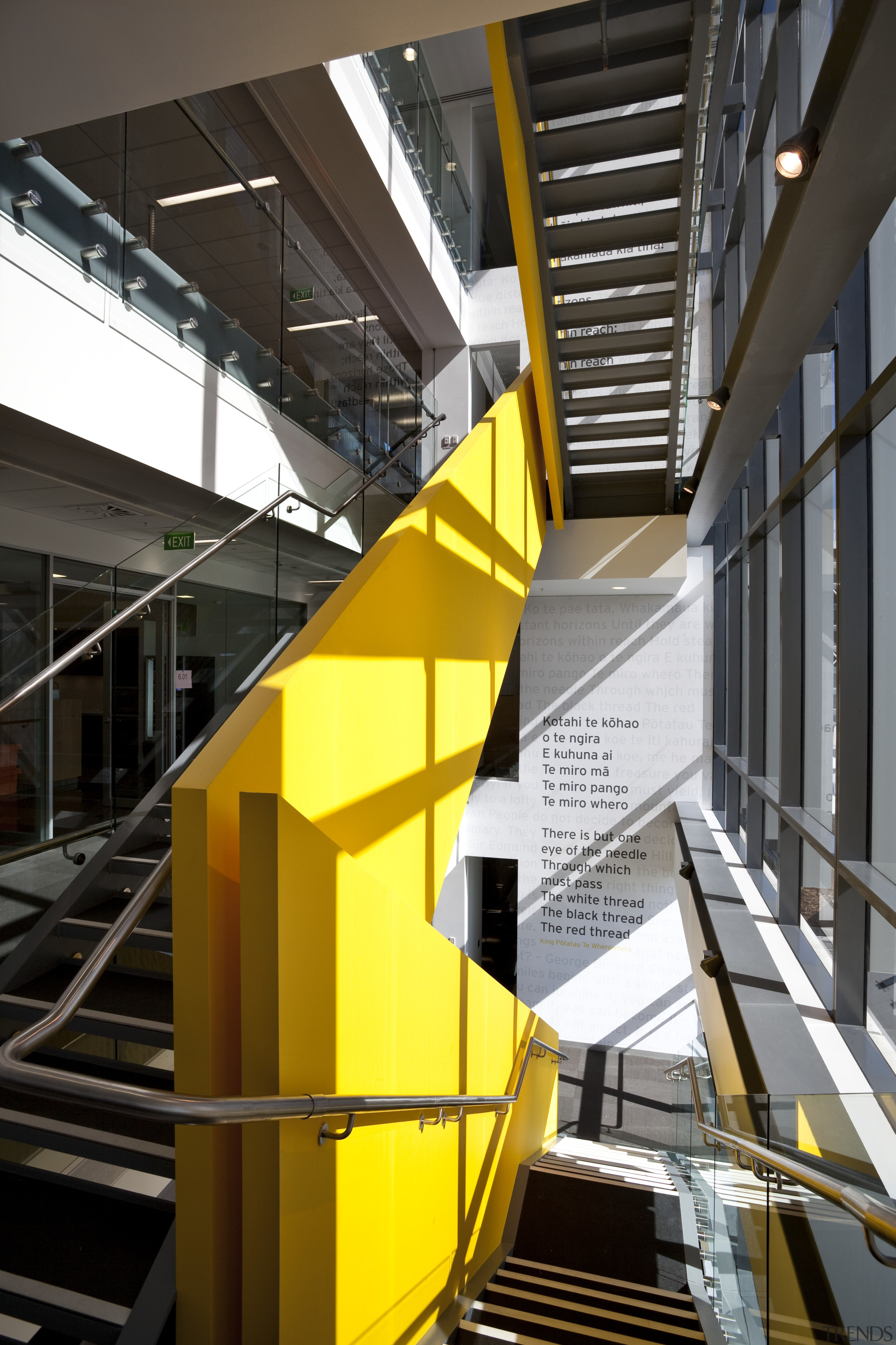 View of exterior paint by Resene at Takutai angle, architecture, building, daylighting, escalator, facade, glass, handrail, line, metropolitan area, stairs, structure, yellow, black