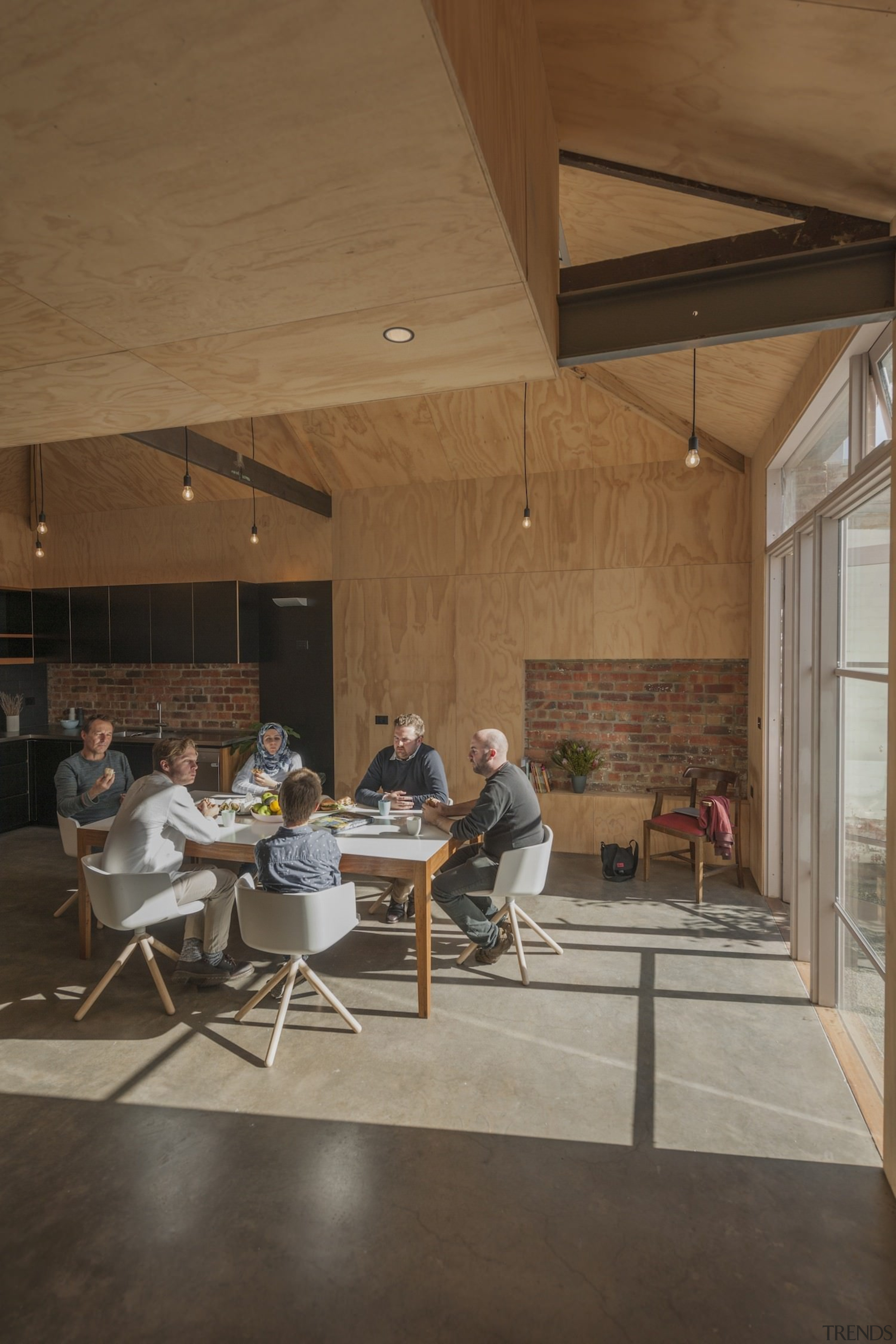 Architect: Steffen Welsch ArchitectsPhotography by Wolf-Peter architecture, ceiling, daylighting, floor, flooring, furniture, house, interior design, table, wood, wood flooring, brown, black