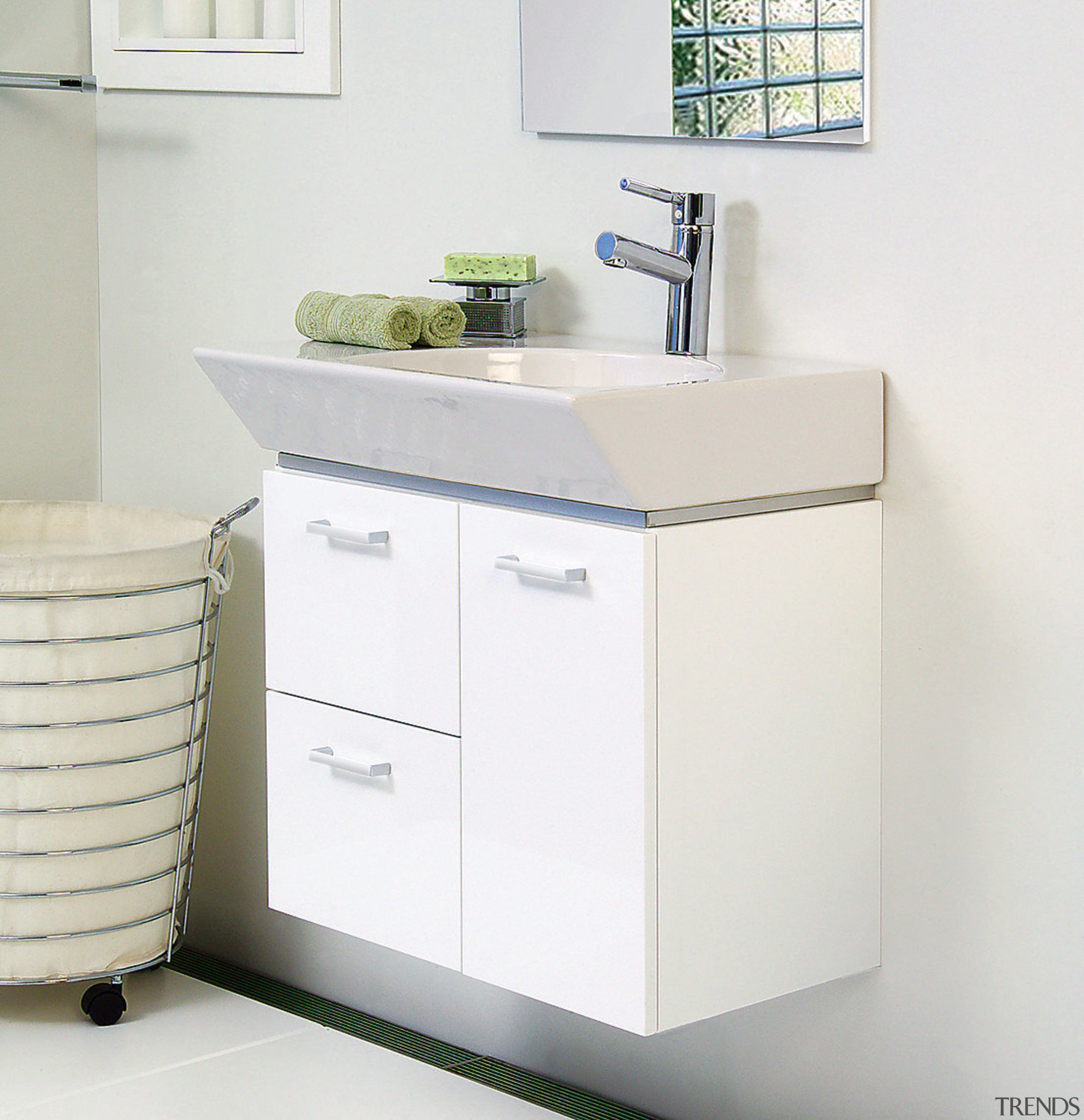 A viewof a bathroom, tiled floor, white vanity bathroom, bathroom accessory, bathroom cabinet, bathroom sink, furniture, plumbing fixture, product, product design, sink, tap, white