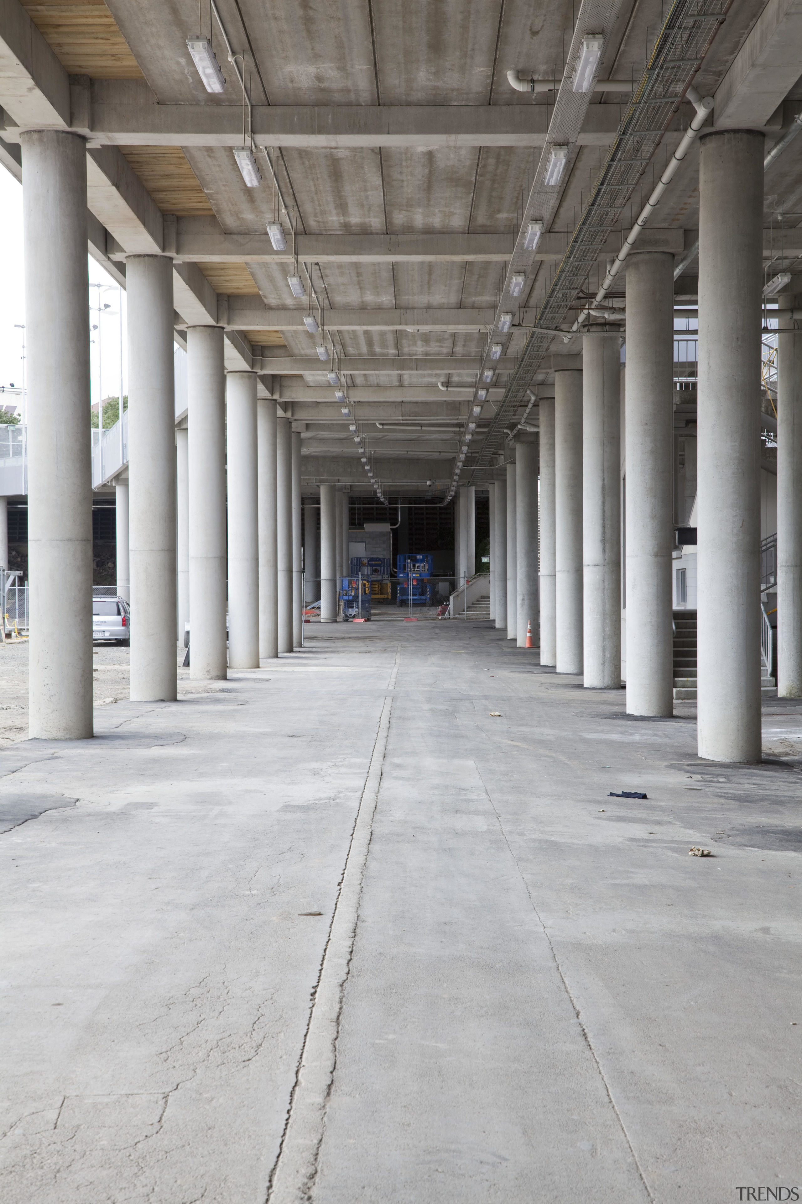 View of concrete pedestrian bridge at Eden Park architecture, building, column, daylighting, floor, line, structure, gray