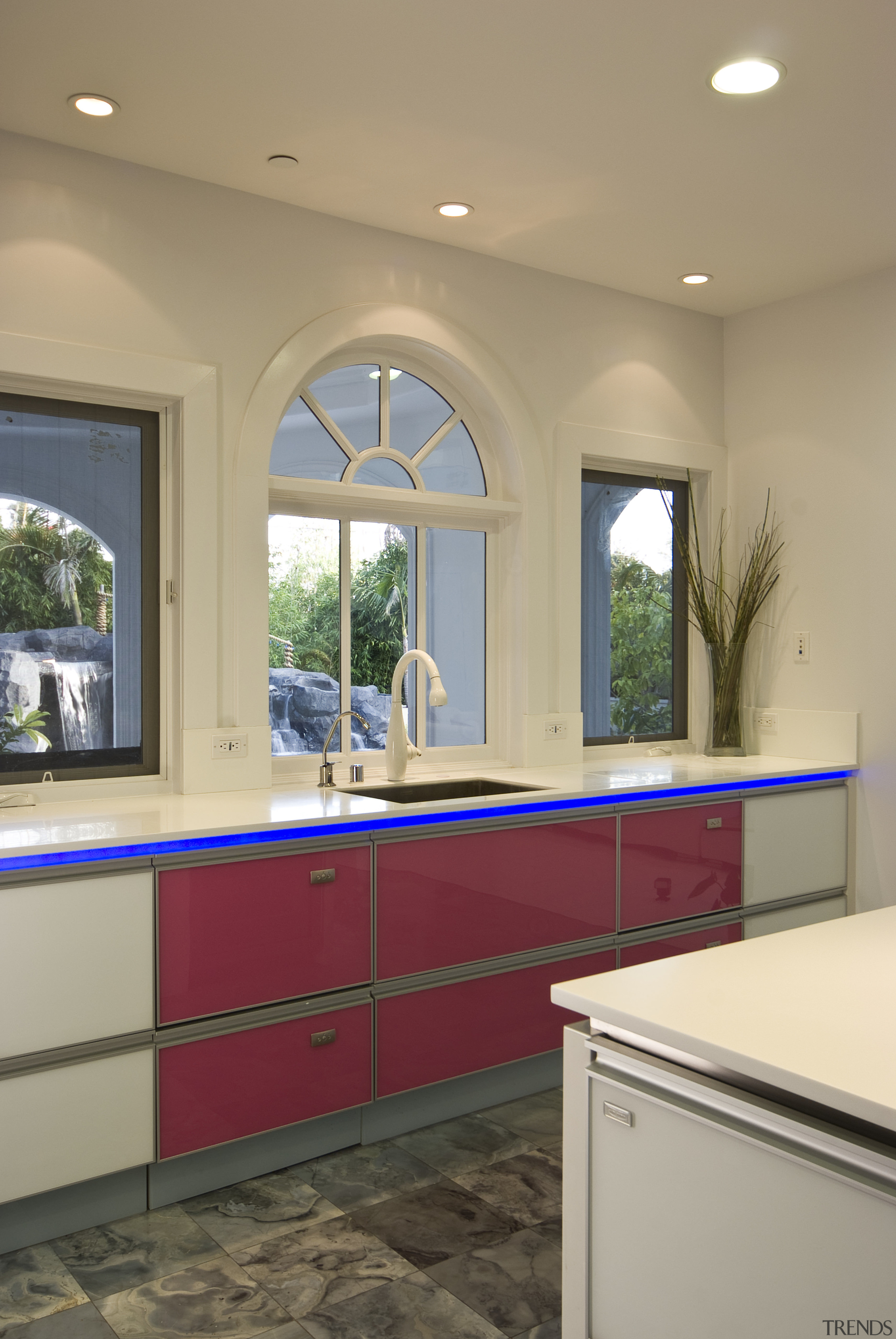 View of a kitchen designed by Mal Corboy architecture, cabinetry, ceiling, countertop, daylighting, interior design, kitchen, real estate, room, window, orange