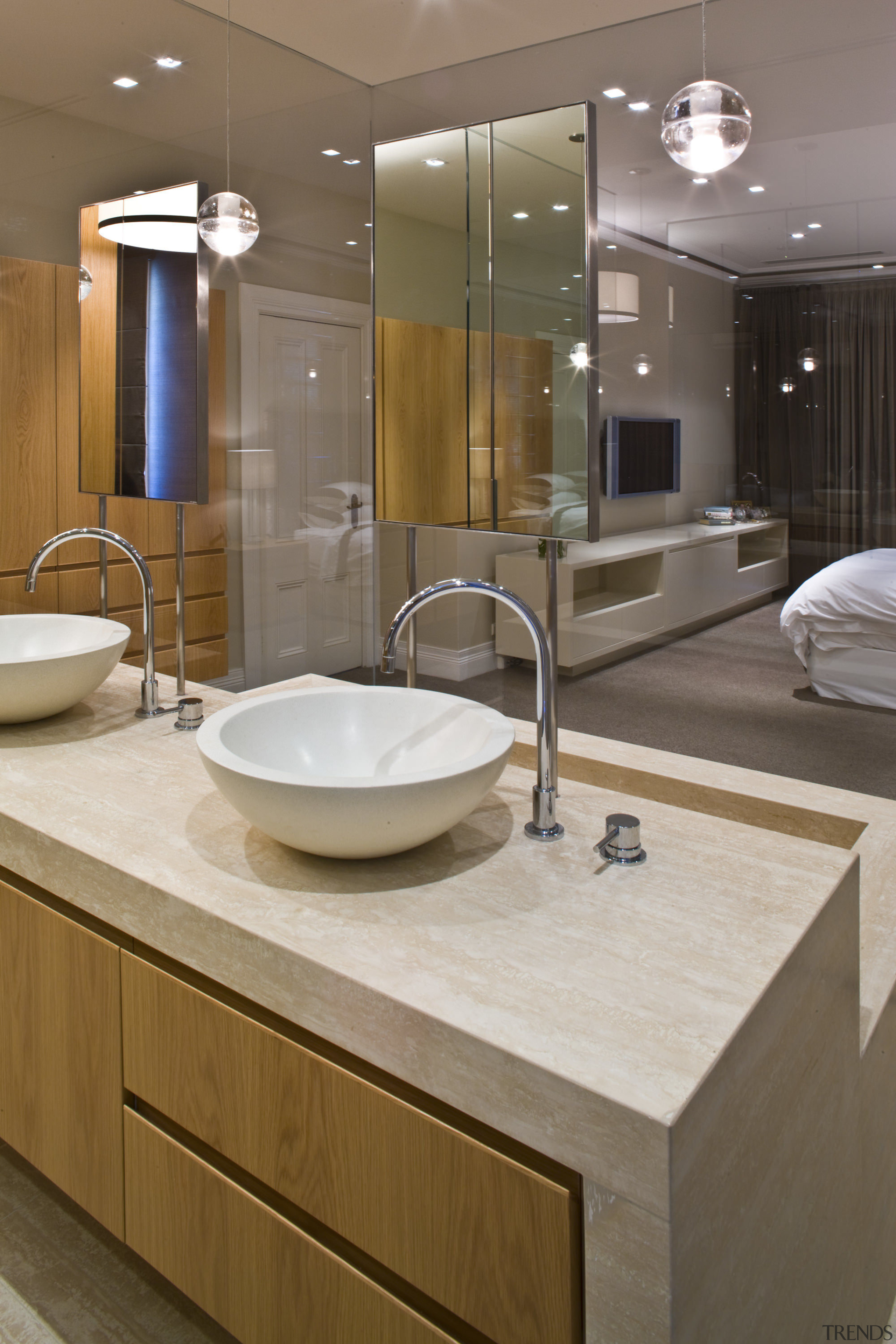 View of contemporary bathroom with mirror wall, white bathroom, countertop, interior design, room, sink, brown, gray