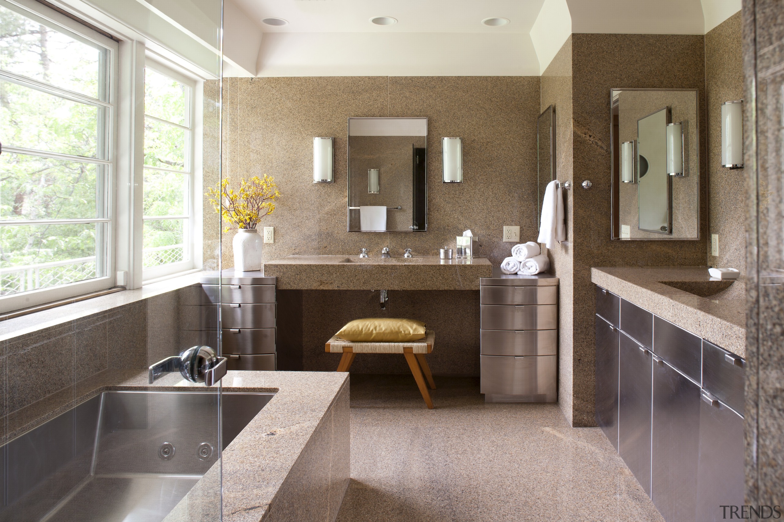 Although it was last renovated in the 1980s, bathroom, countertop, floor, home, interior design, room, tile, gray, brown
