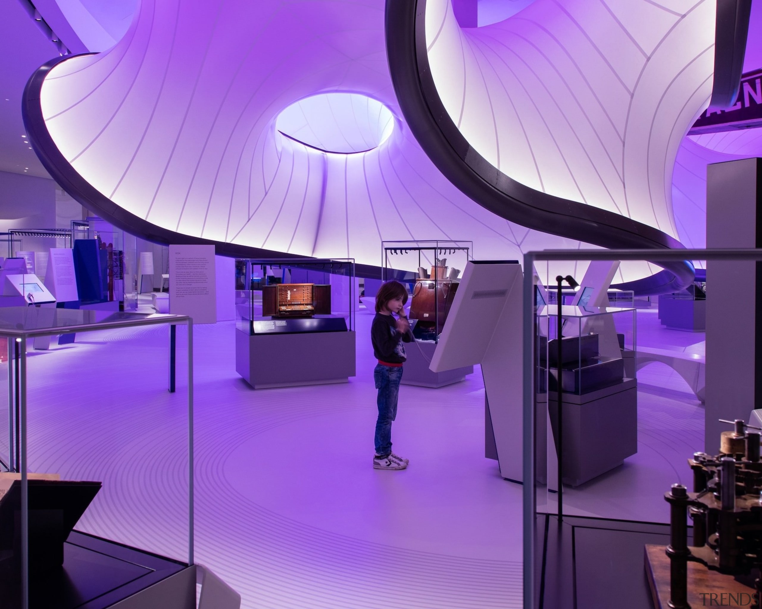 Zaha Hadid – Mathematics: The Winton Gallery – architecture, ceiling, design, interior design, light, lighting, product design, purple, purple