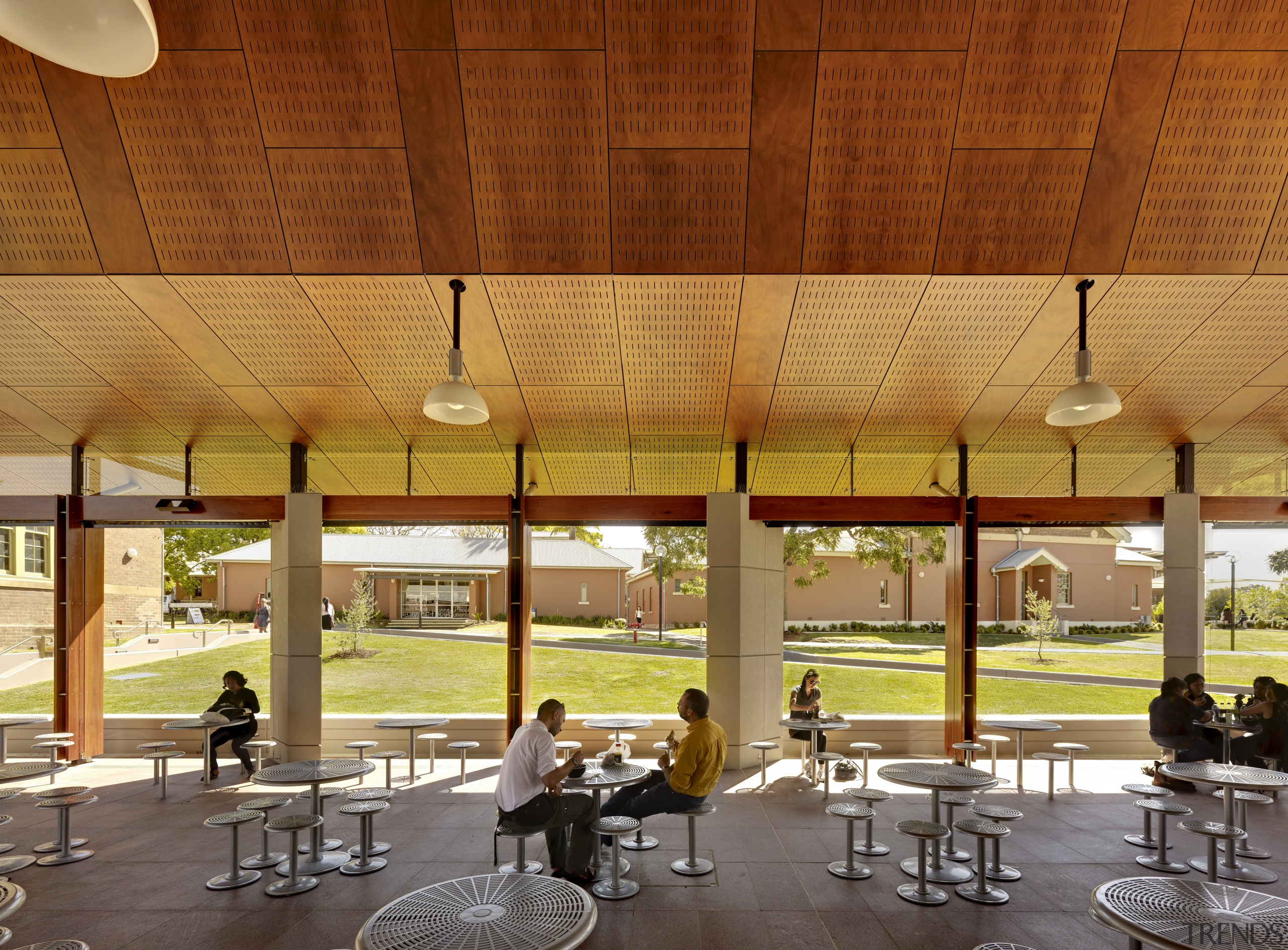 View of outdoor seating area. - View of architecture, ceiling, daylighting, interior design, lobby, pavilion, brown