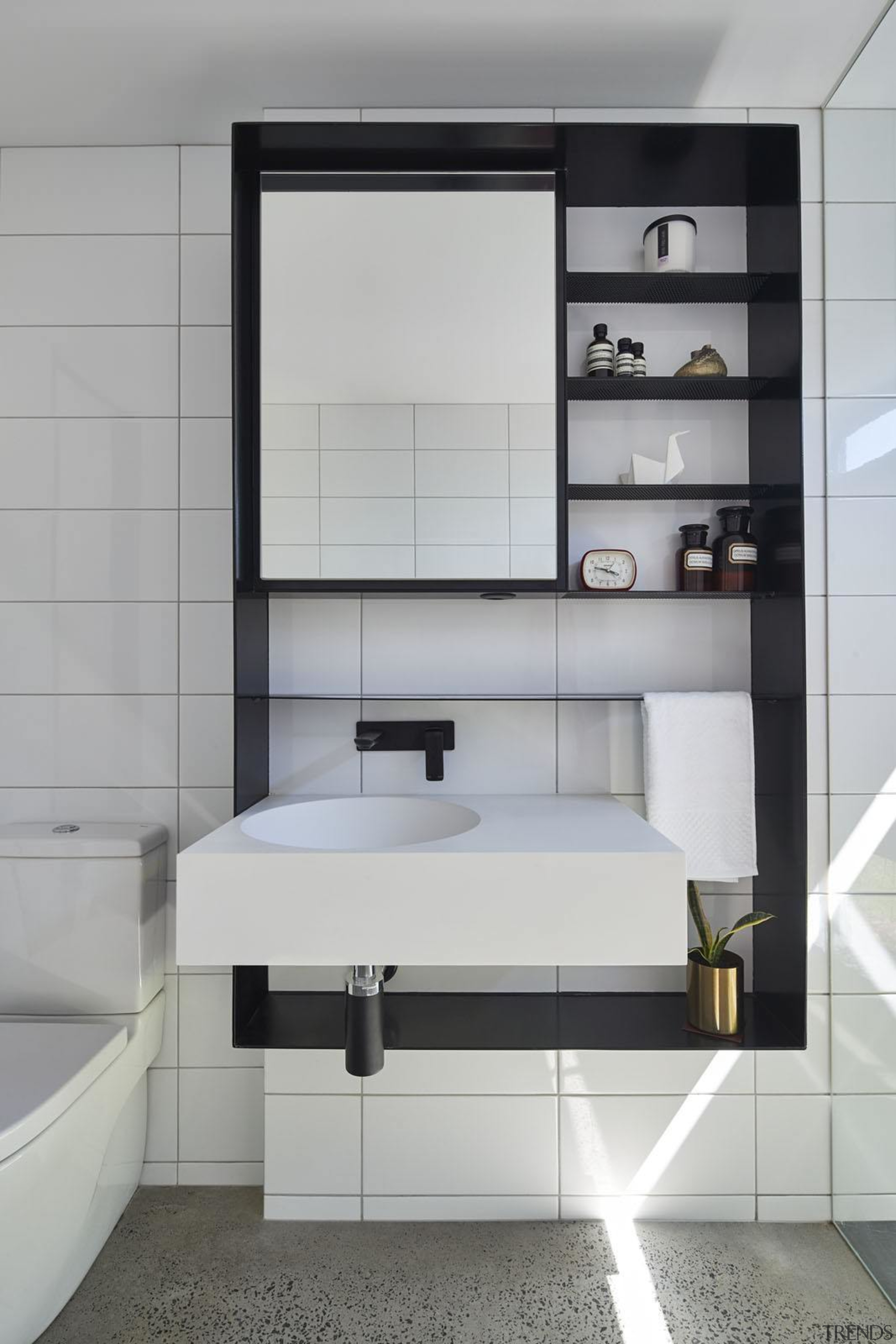 Architect: Austin Maynard ArchitectsPhotography by Peter Bennetts bathroom, bathroom accessory, bathroom cabinet, floor, interior design, product, product design, sink, gray