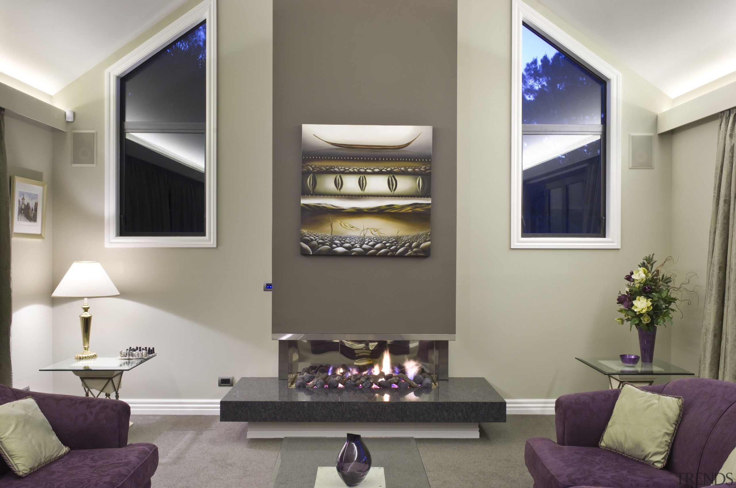 View of living area which features the Eastside ceiling, home, interior design, living room, purple, room, gray