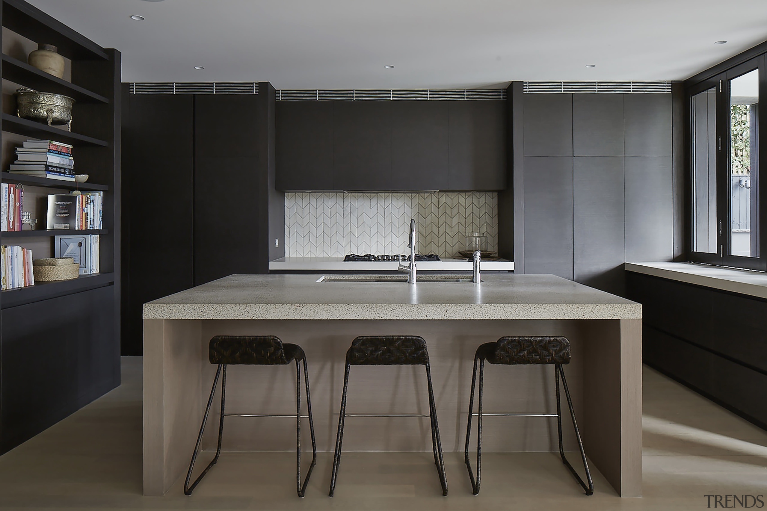 The minimalist kitchen in this new living  countertop, furniture, interior design, kitchen, table, black, gray