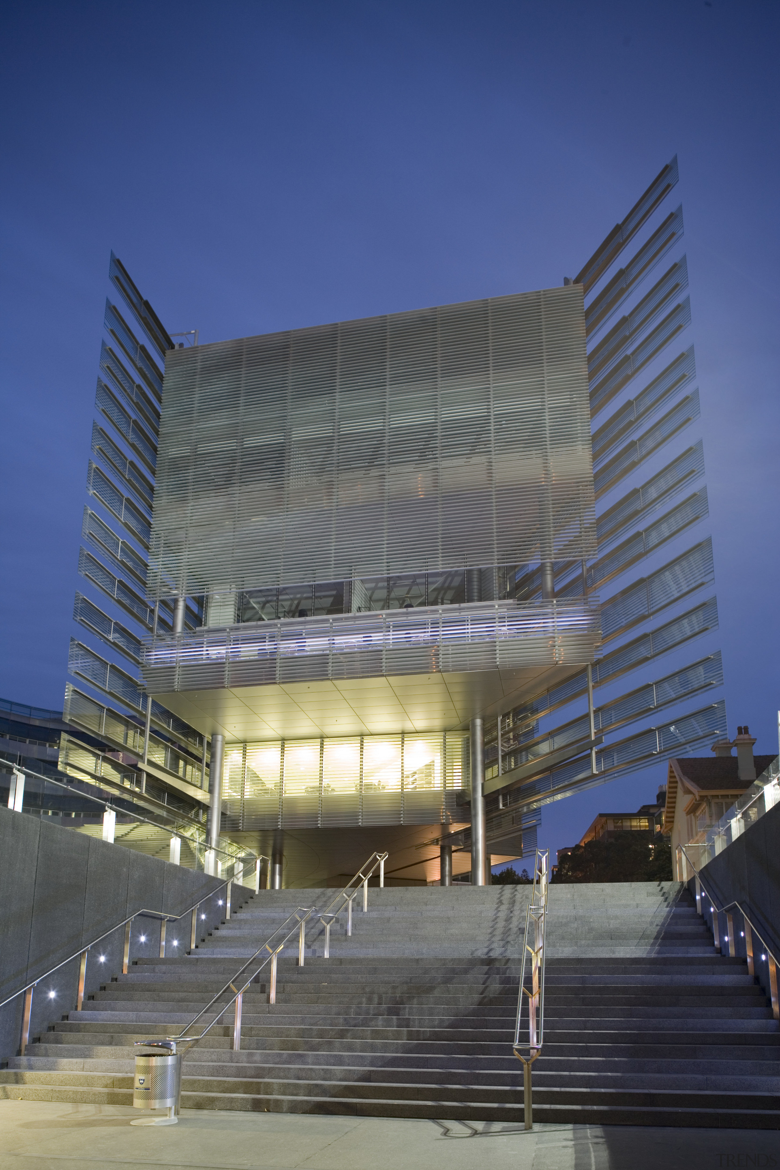 View of the exterior of the Owen G architecture, building, city, commercial building, convention center, corporate headquarters, daylighting, daytime, facade, headquarters, landmark, metropolis, metropolitan area, mixed use, performing arts center, reflection, sky, skyscraper, structure, tower block, urban area, blue, gray