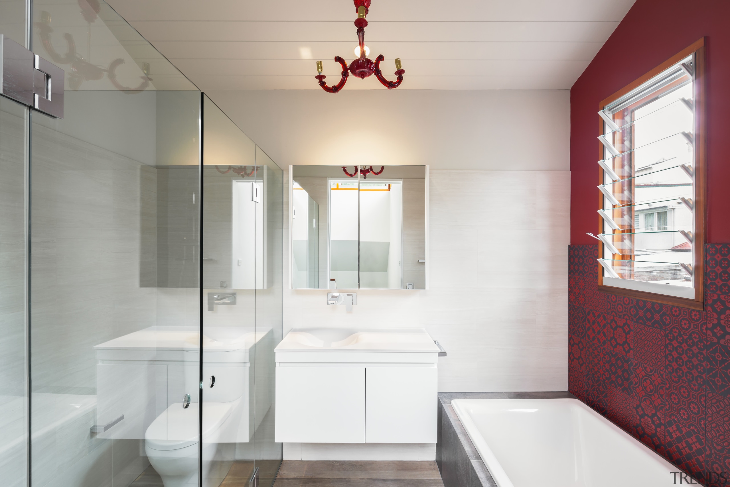 Reminiscent of a Japanese courtyard house, this house bathroom, ceiling, home, interior design, room, white, gray