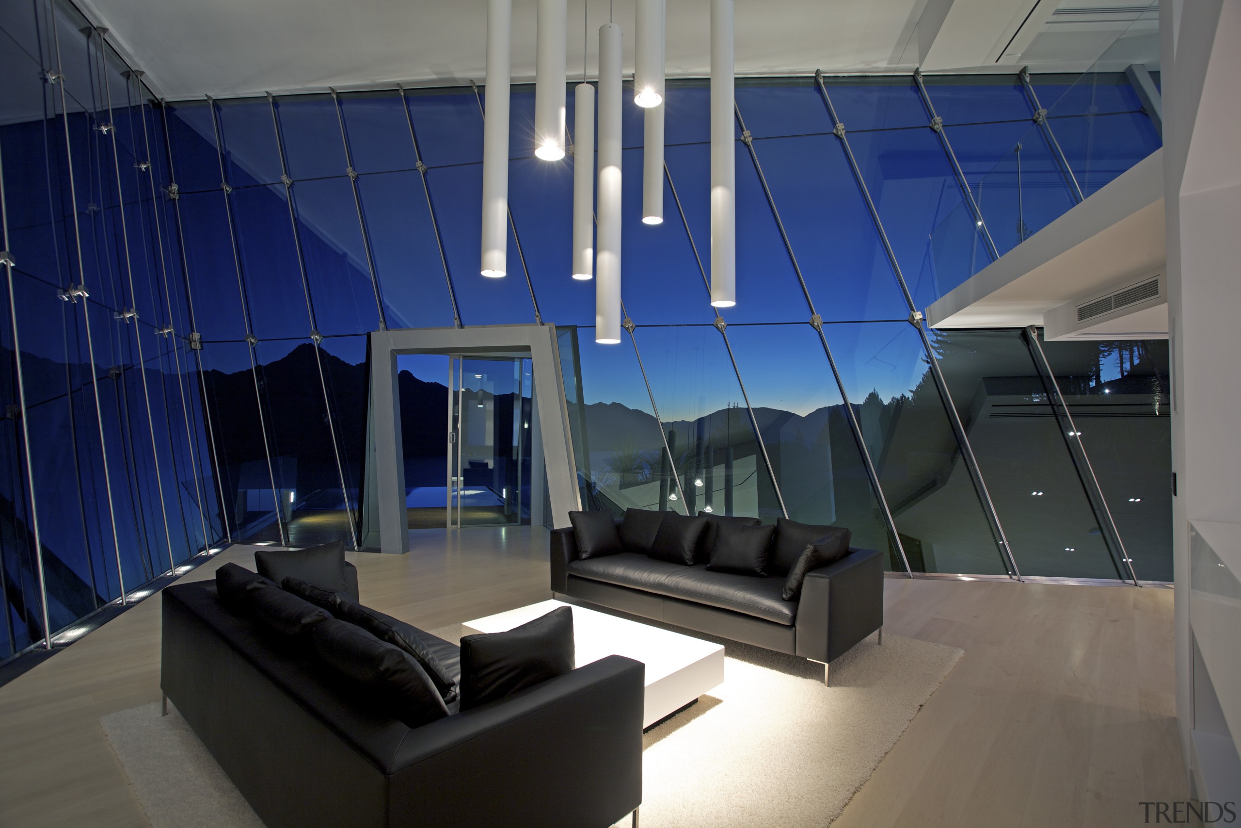 To maximise a spectacular lake and mountain view, architecture, ceiling, daylighting, interior design, lobby, real estate, blue, gray