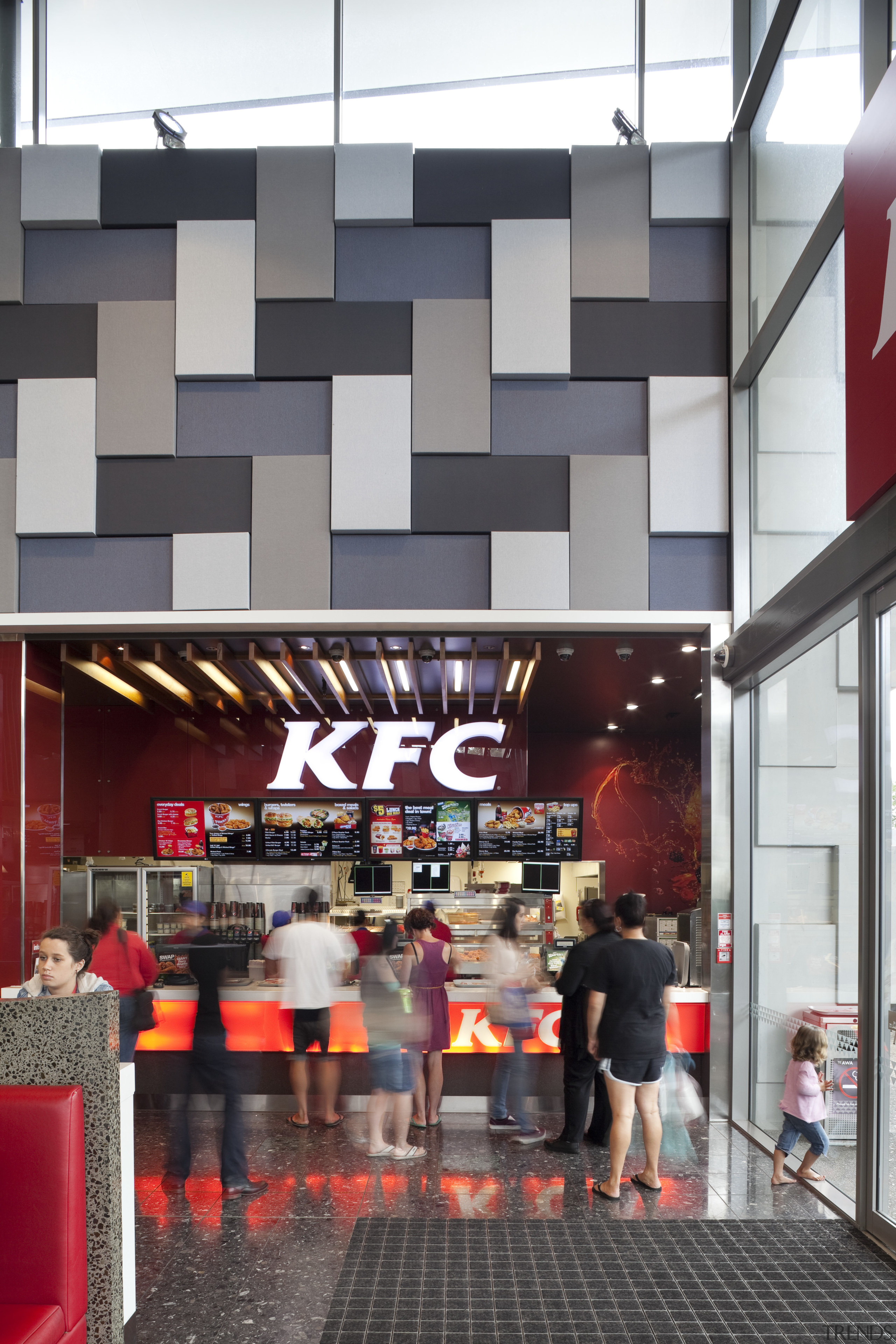 View of KFC with grey wall detail. - interior design, white