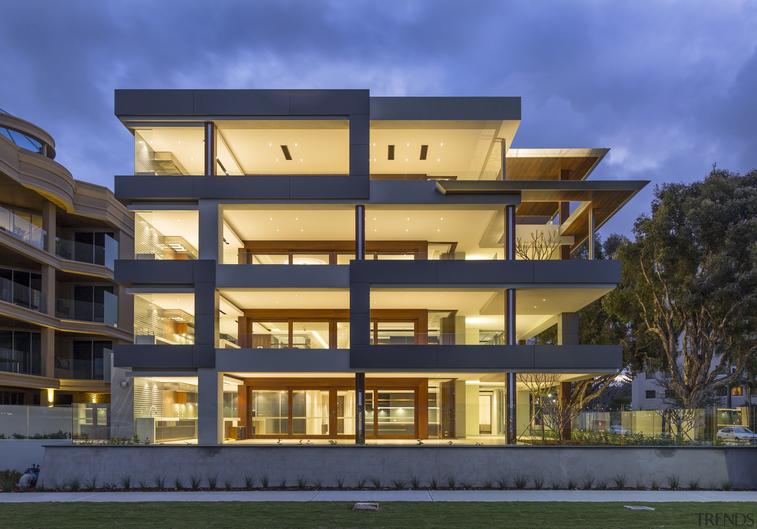 This four-apartment building complex by Giorgi Exclusive has apartment, architecture, building, commercial building, condominium, corporate headquarters, elevation, estate, facade, home, house, mixed use, property, real estate, residential area, blue