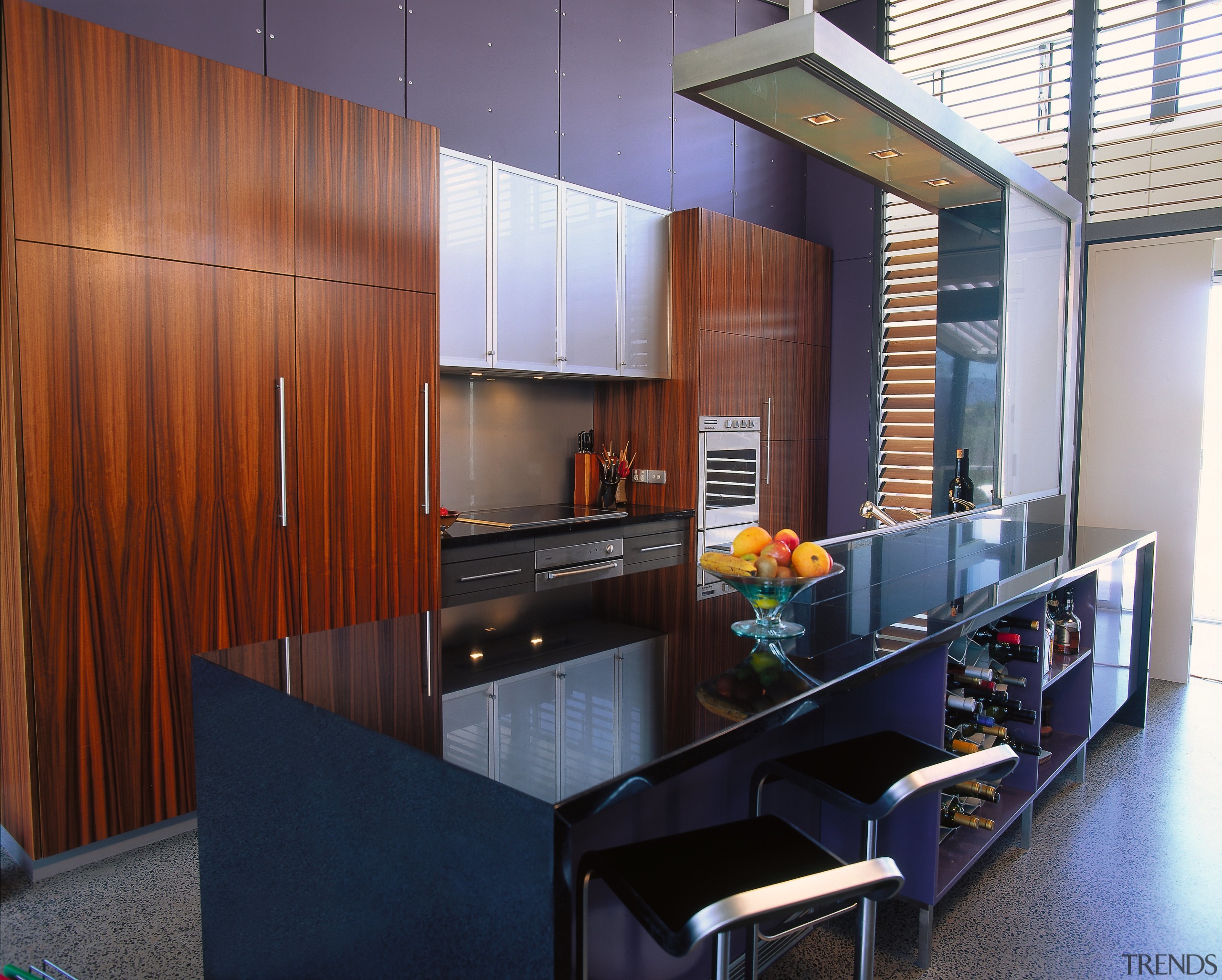 The view of a contemporary kitchen with purple countertop, interior design, kitchen, real estate