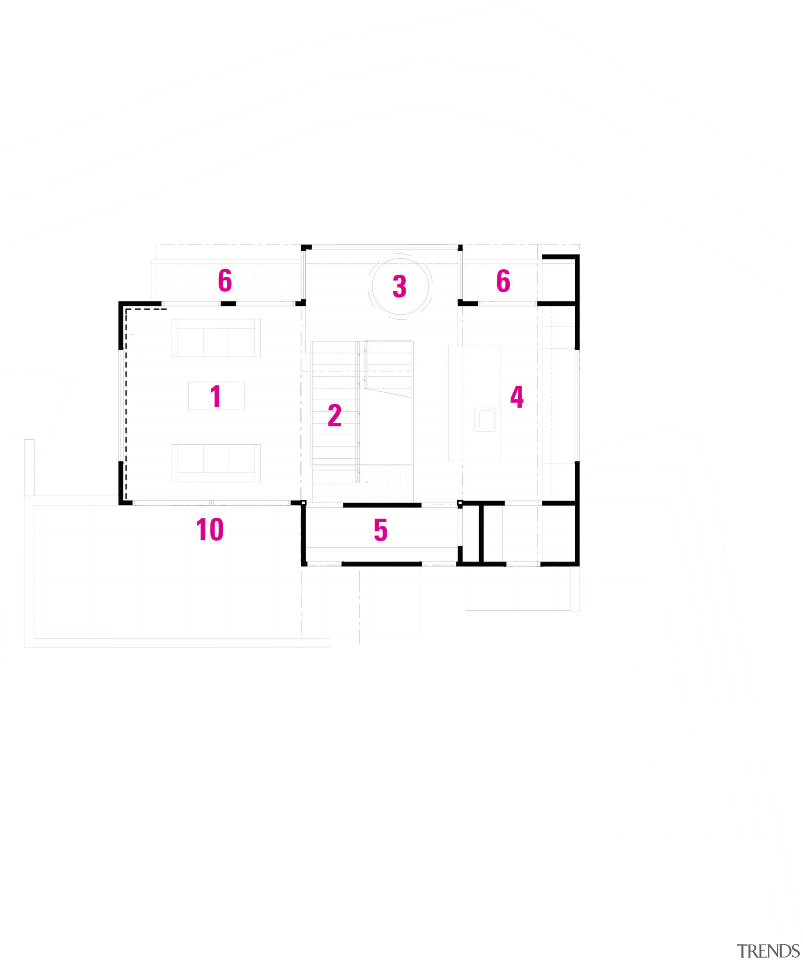 1 Living room. 2 Stairs. 3 Dining room. angle, area, design, diagram, font, line, magenta, pink, product, product design, rectangle, text, white, white