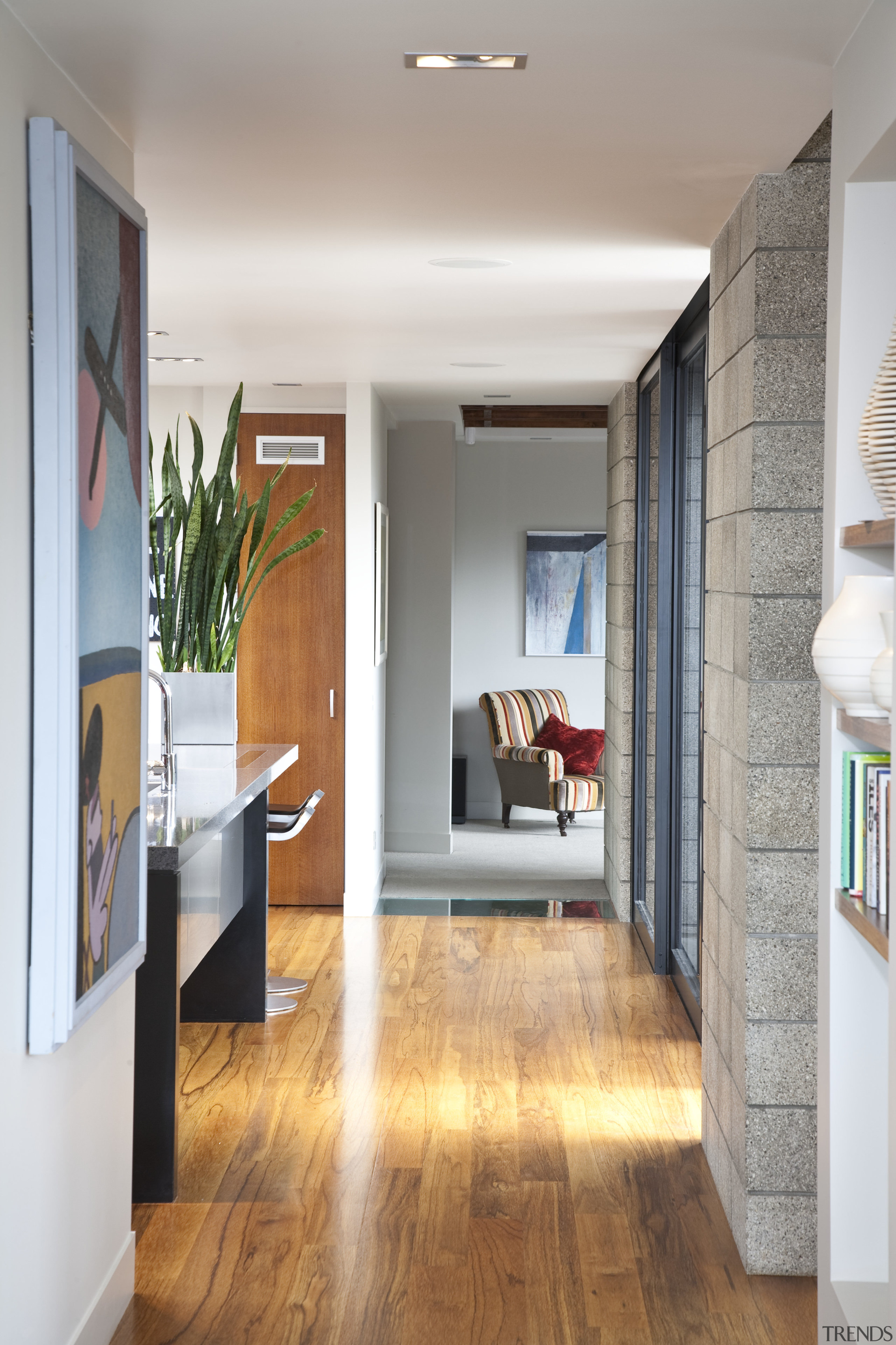 View of the living spaces featuring Asian oak ceiling, door, floor, flooring, hardwood, home, interior design, laminate flooring, living room, loft, real estate, room, wood, wood flooring, gray