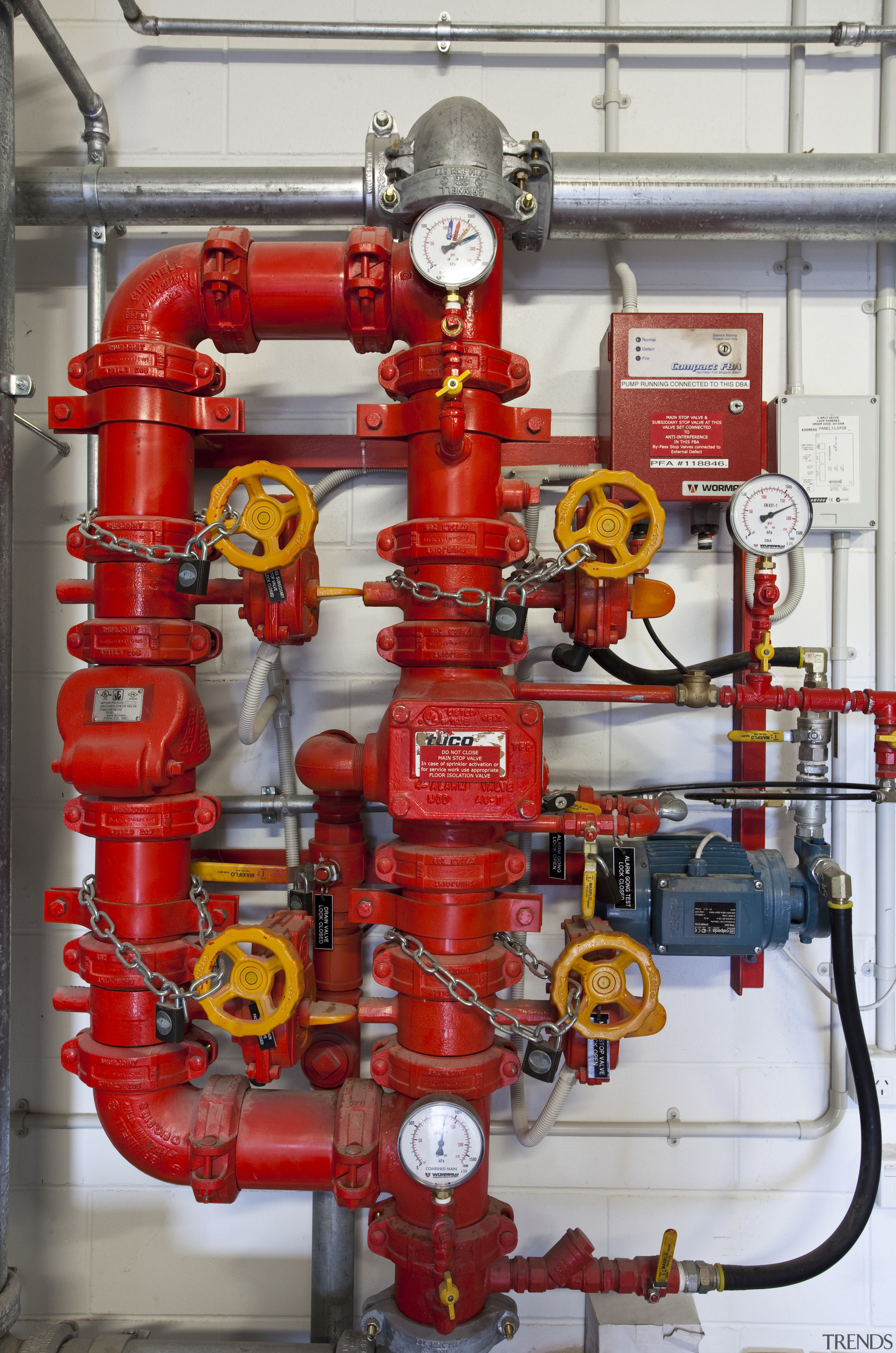 View of fire prevention and suppression systems at product, gray, red