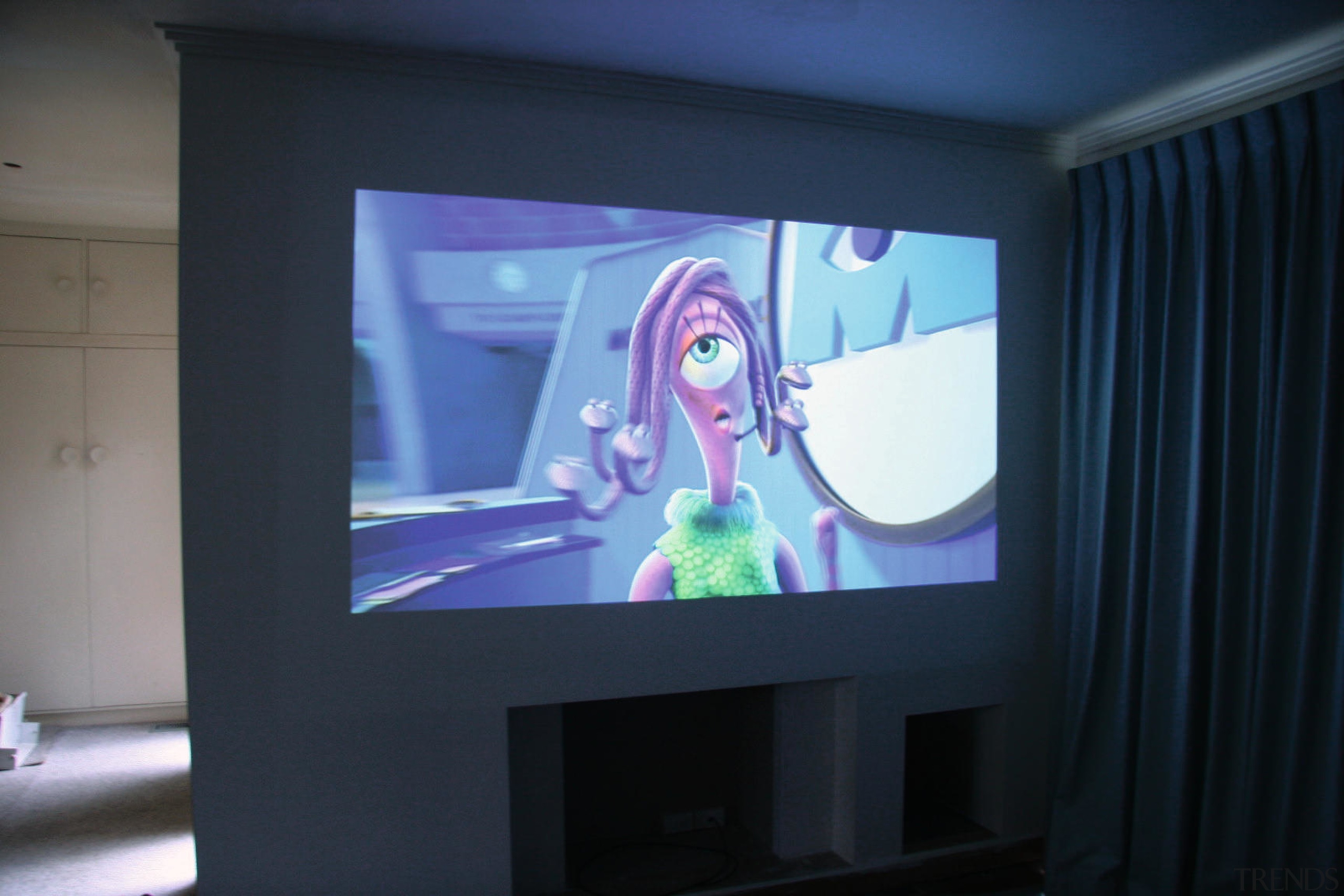 view of the hometheatre using screen goo, - computer monitor, display device, electronic device, flat panel display, gadget, interior design, led backlit lcd display, media, multimedia, projection screen, projector, projector accessory, purple, room, screen, technology, television, black