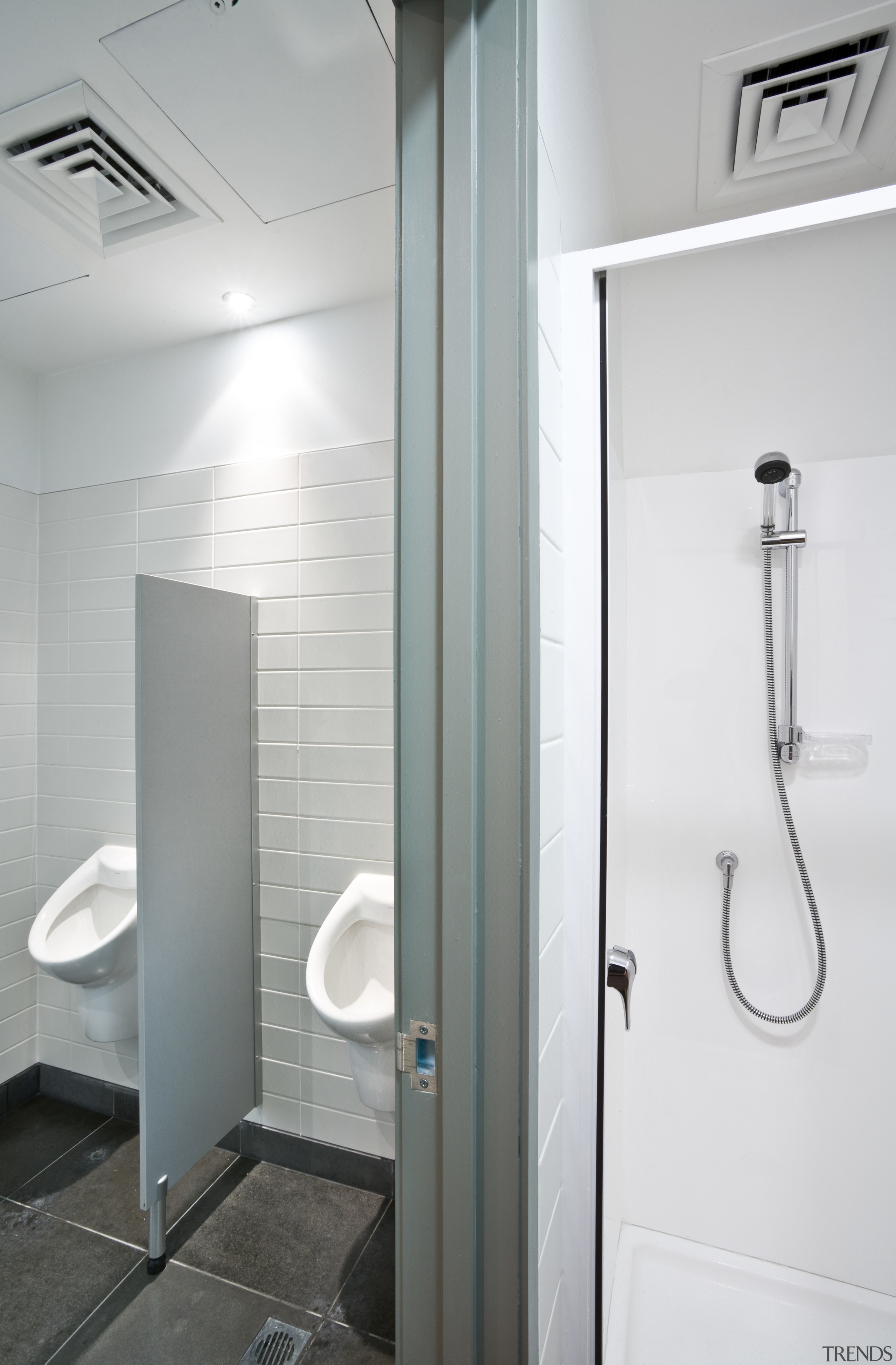 View of a bathroom in the main commercial bathroom, plumbing fixture, product design, room, toilet, gray, white