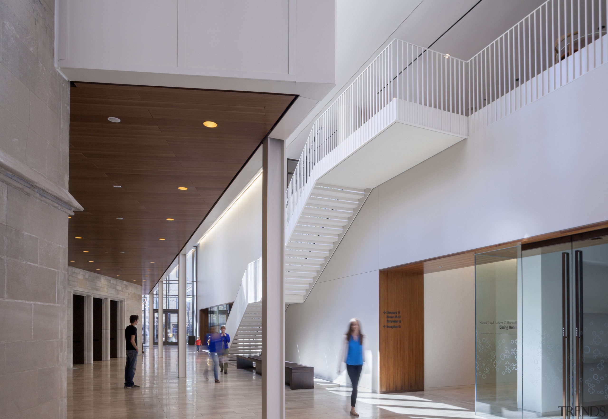 The pre-patinated copper facade references a material traditionally architecture, ceiling, daylighting, glass, house, interior design, lobby, real estate, gray