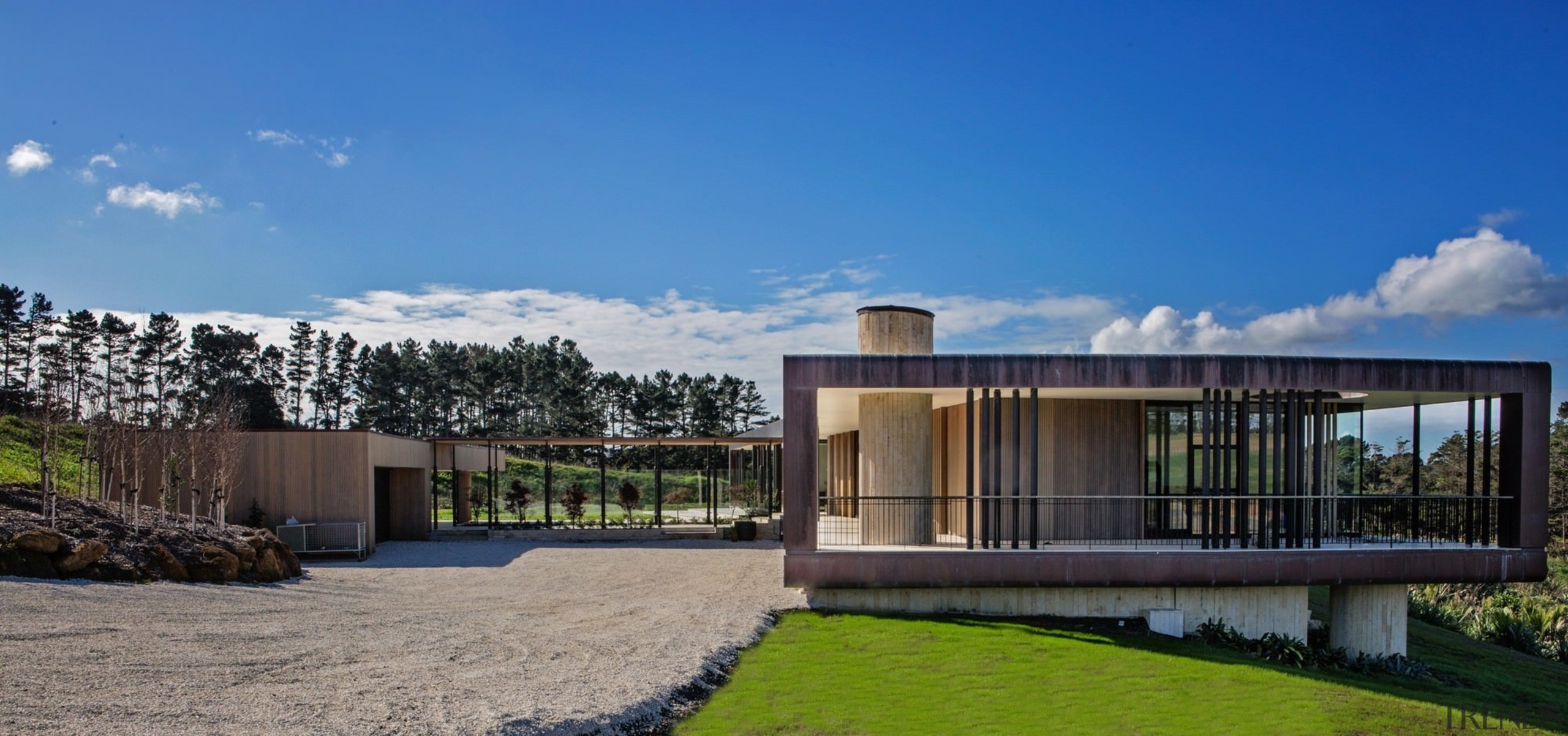 The Lake House – Resene Architectural Design Awards architecture, corporate headquarters, cottage, estate, facade, home, house, property, real estate, residential area, sky, villa, blue