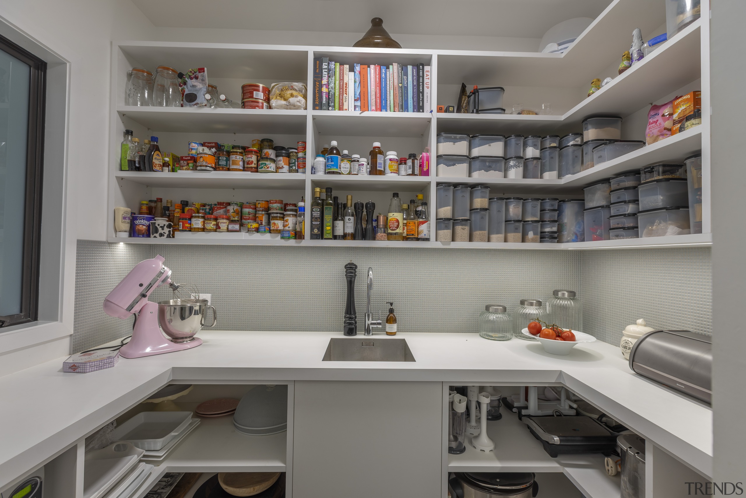 The entertainers-meets-hard-working kitchen includes a substantial, fully equipped architecture, building, cabinetry, ceiling, countertop, cupboard, furniture, home, house, interior design, kitchen, material property, pantry, property, room, shelf, shelving, gray