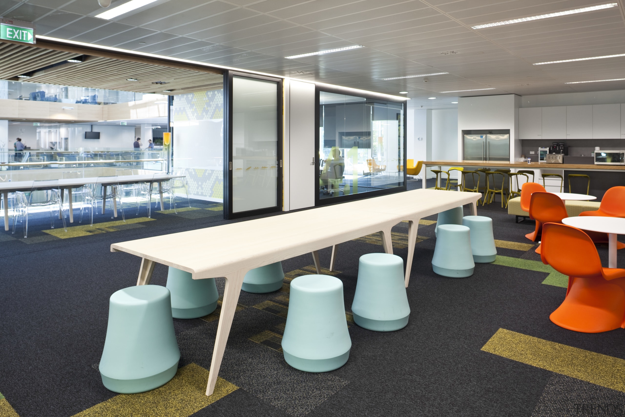 View of furnishings by Fletcher Systems for the furniture, institution, interior design, office, table, black, gray, white