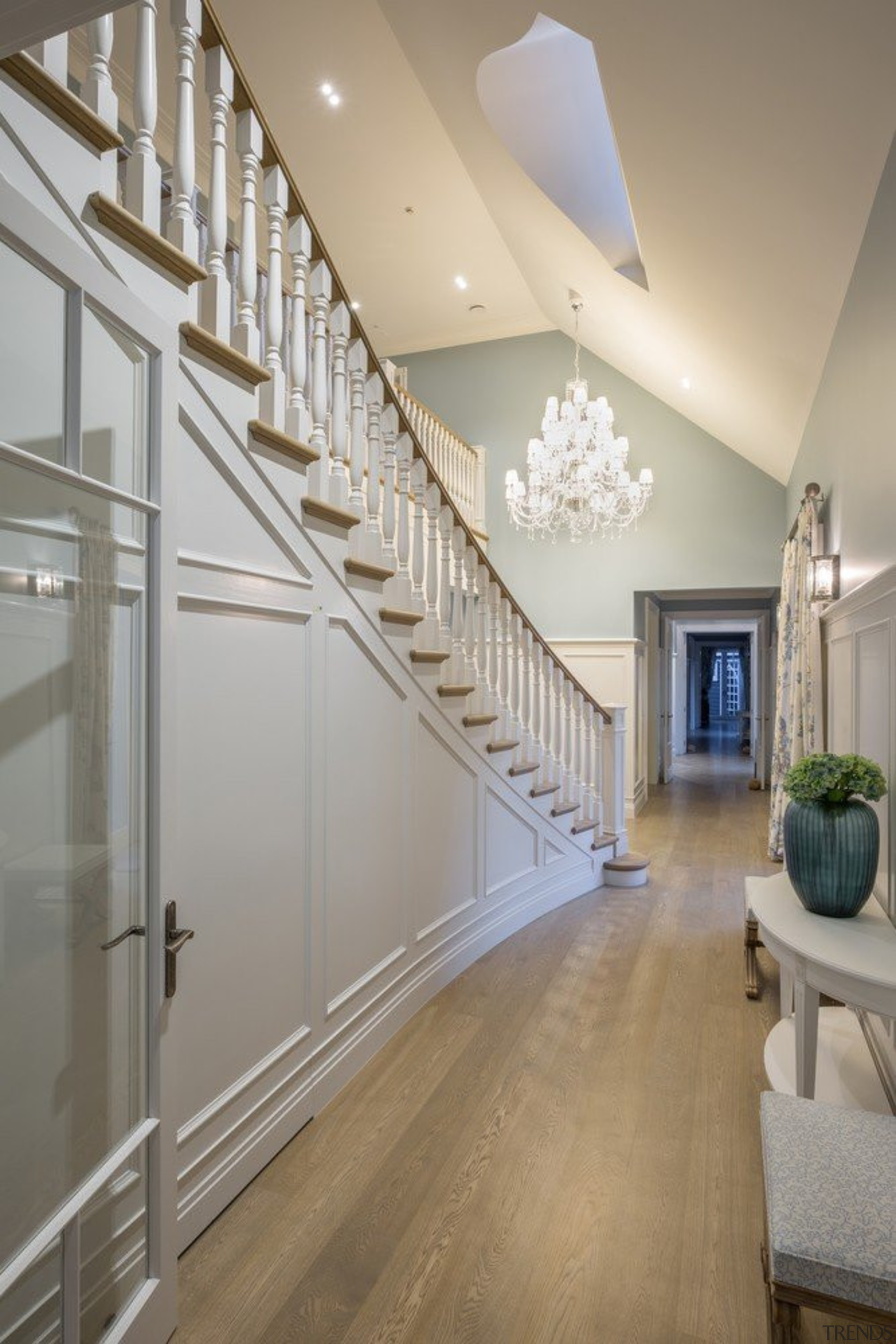 Stairway - architecture | ceiling | daylighting | architecture, ceiling, daylighting, estate, floor, flooring, hall, handrail, home, interior design, lobby, stairs, wall, wood flooring, gray