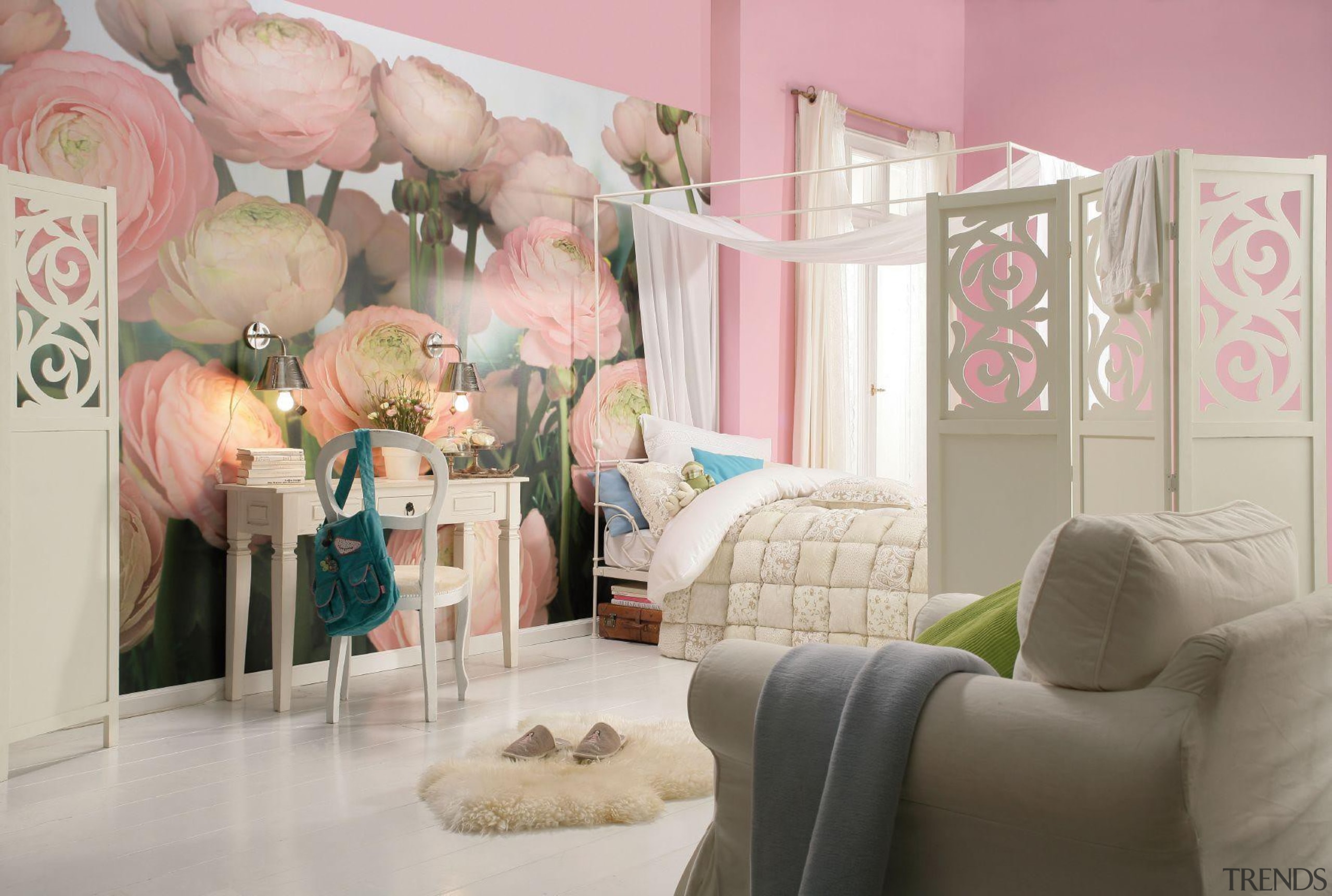 Gentle Rose Interieur - Italian Color Range - bed, bedroom, furniture, home, interior design, nursery, pink, product, room, textile, wall, gray