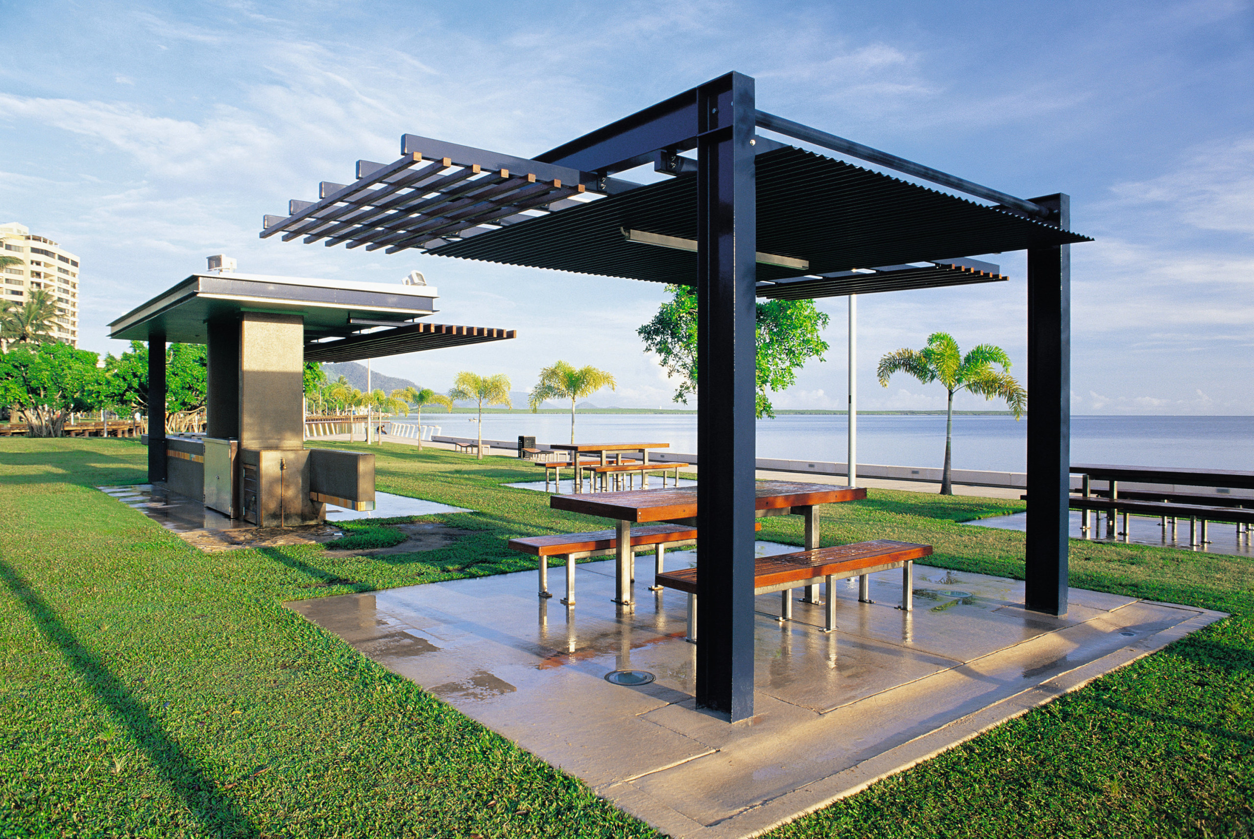 View of the BBQ and picnic areas, lawn, outdoor structure, pavilion, pergola, real estate