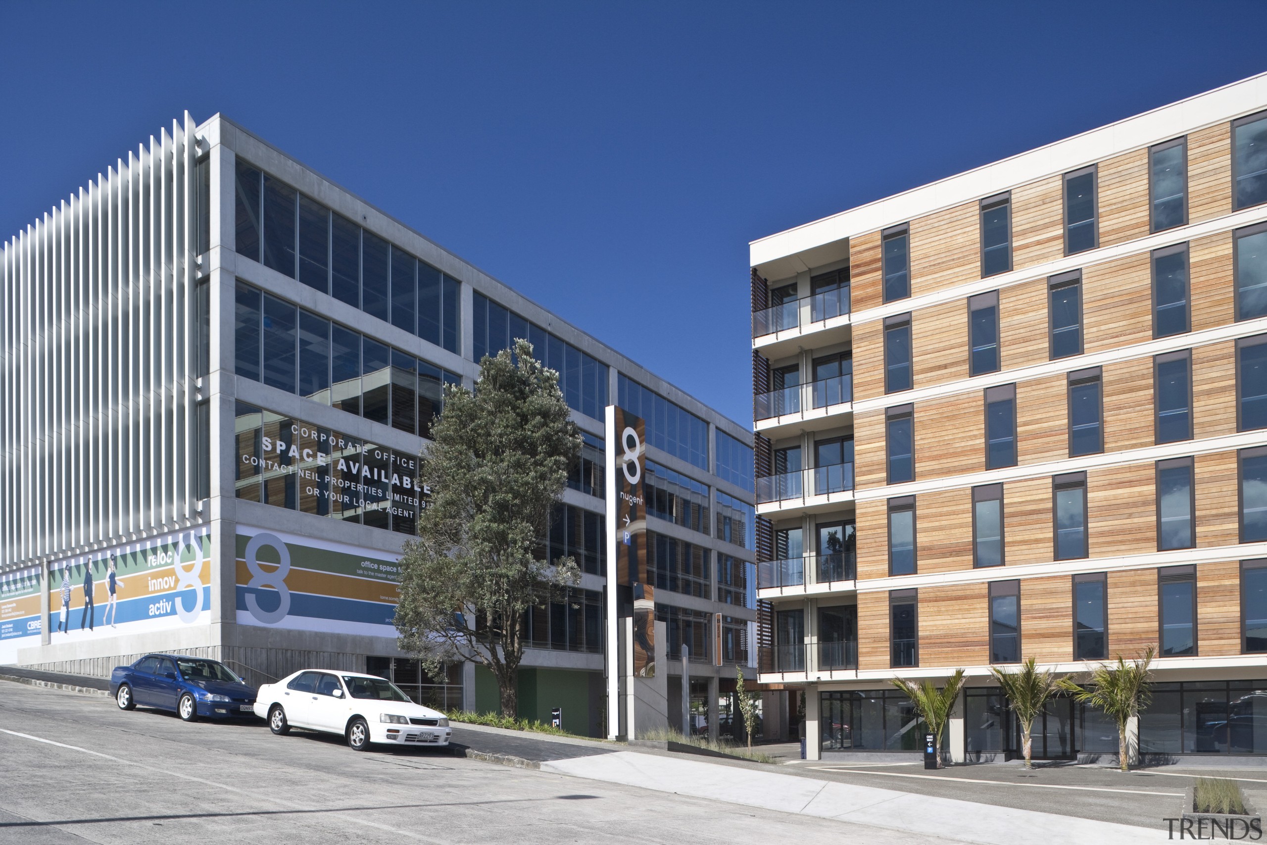 View of the 8 Nugent development. - View apartment, architecture, building, commercial building, condominium, corporate headquarters, elevation, facade, headquarters, metropolitan area, mixed use, neighbourhood, property, real estate, residential area, blue