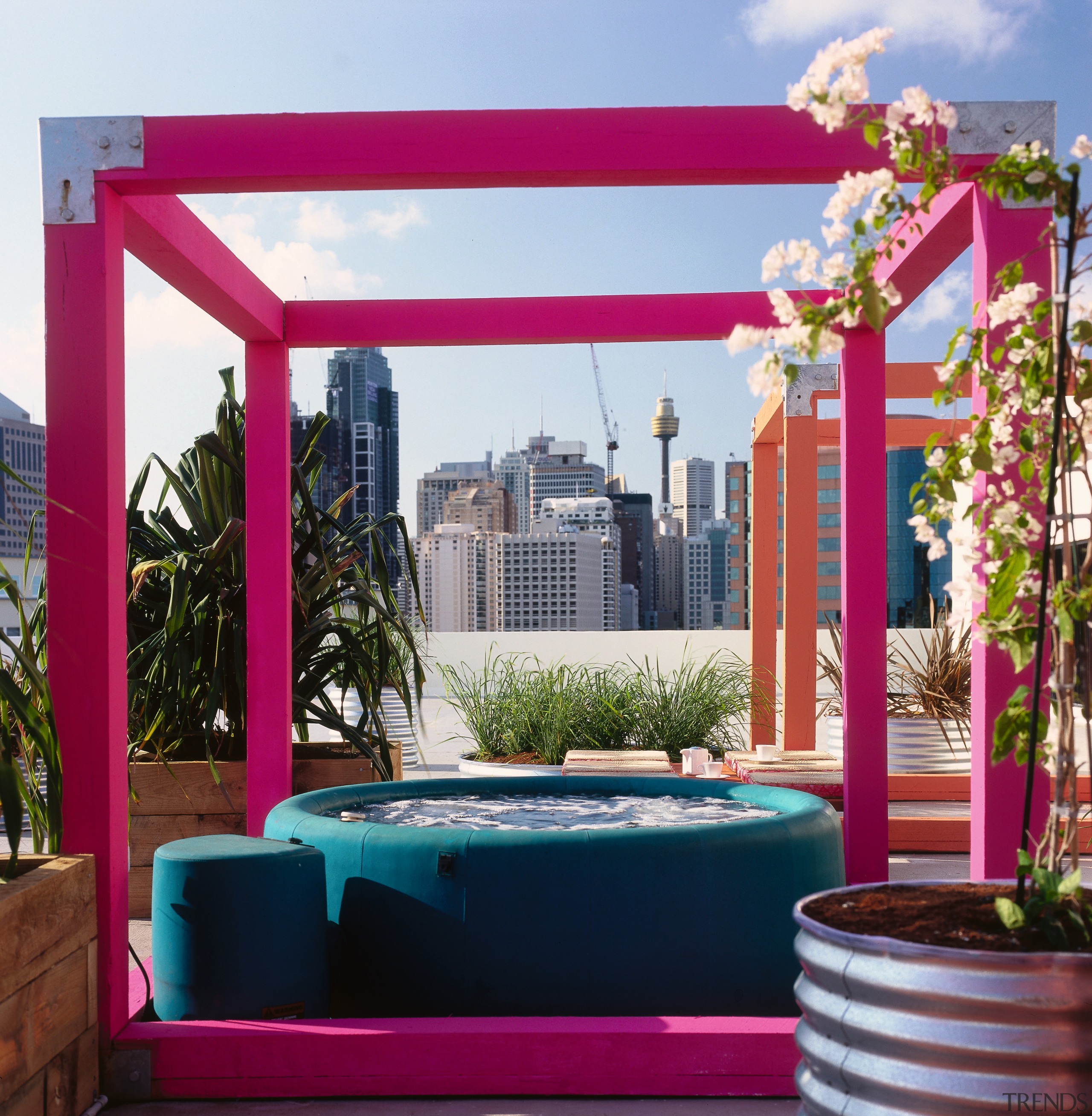 An exterior view of the patio area which outdoor structure