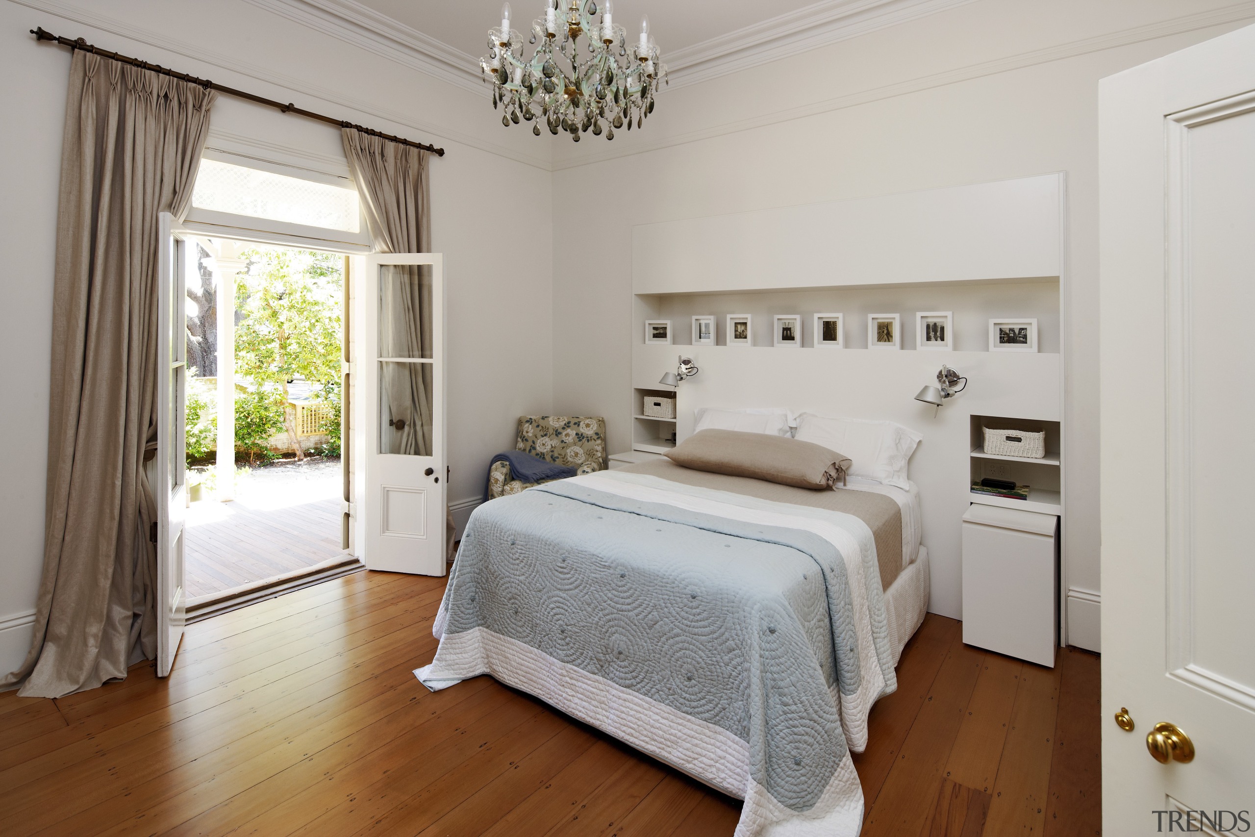 View of a bedroom with wooden flooring and bed frame, bedroom, ceiling, estate, floor, home, interior design, property, real estate, room, window, gray