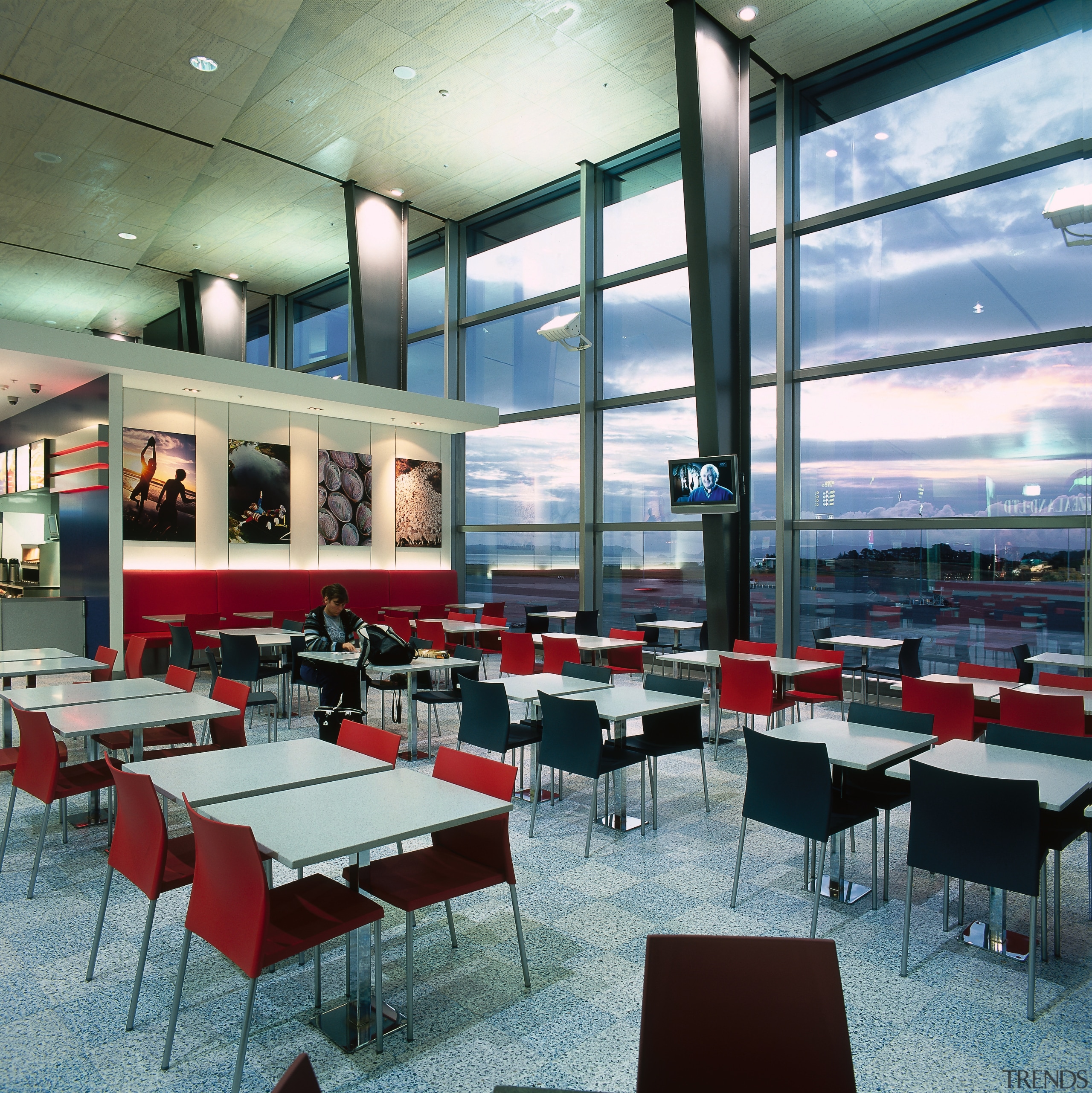 Food court area with tables and black and cafeteria, interior design, restaurant, table