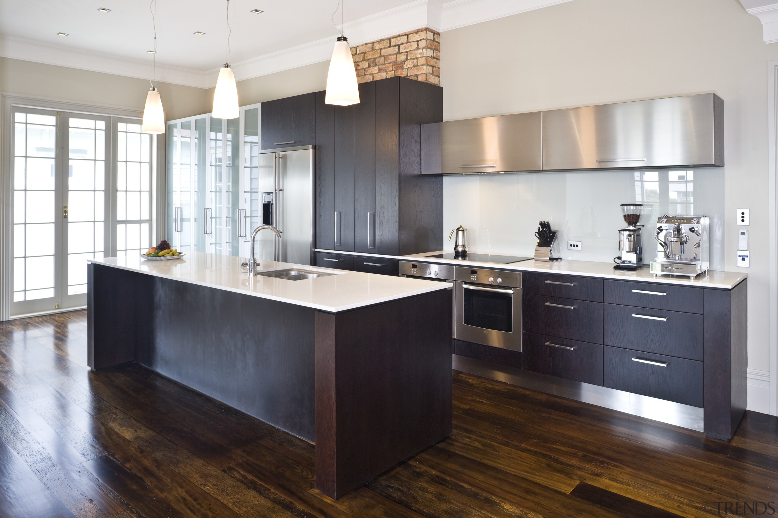 View of a renovated kitchen with granite benchtops, cabinetry, countertop, cuisine classique, floor, flooring, hardwood, interior design, kitchen, real estate, room, wood, wood flooring, white