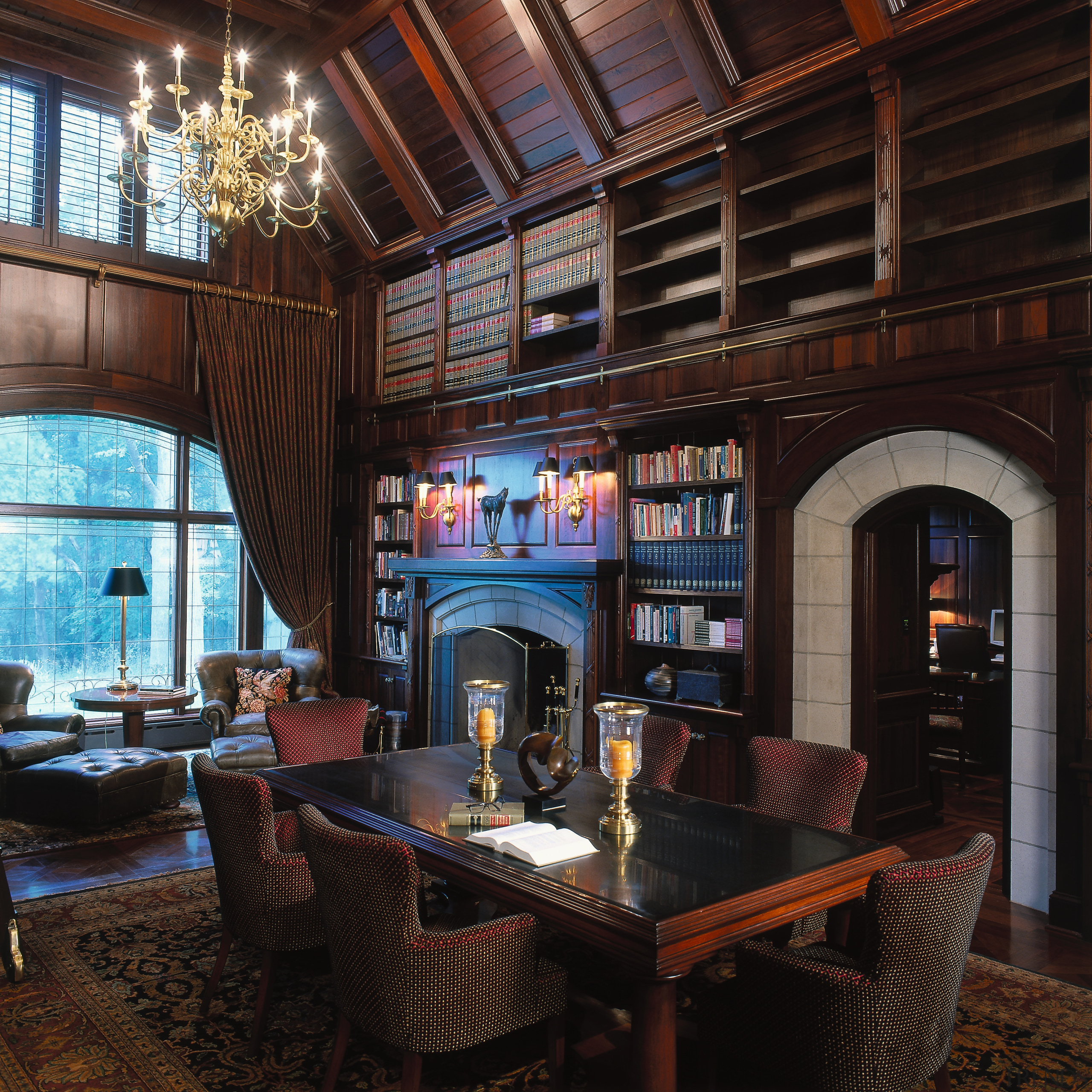 view of the library and private study encased interior design, living room, real estate, black