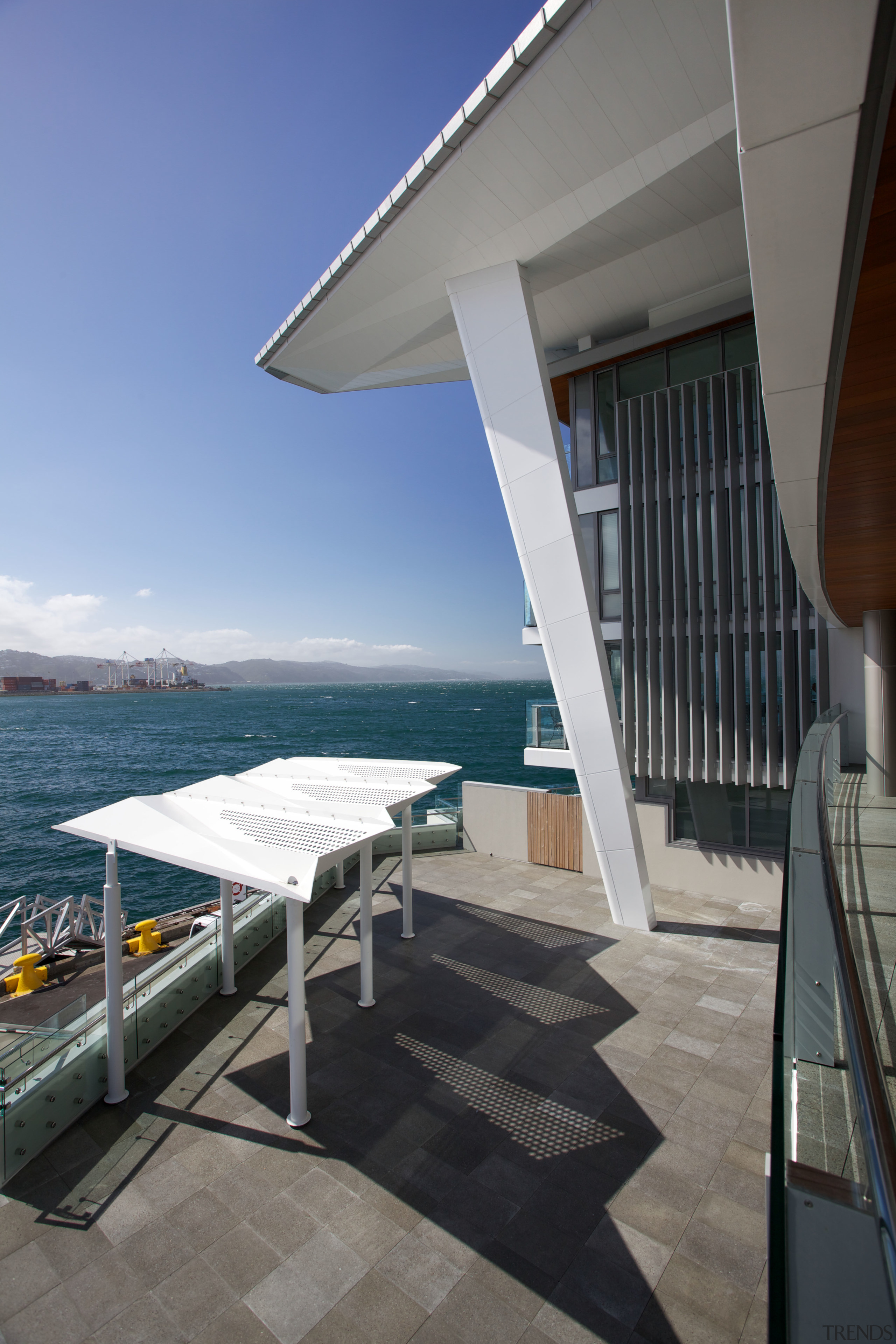 Shade canopies provide privacy from above and below apartment, architecture, building, condominium, house, real estate, sea, sky, water, gray, black