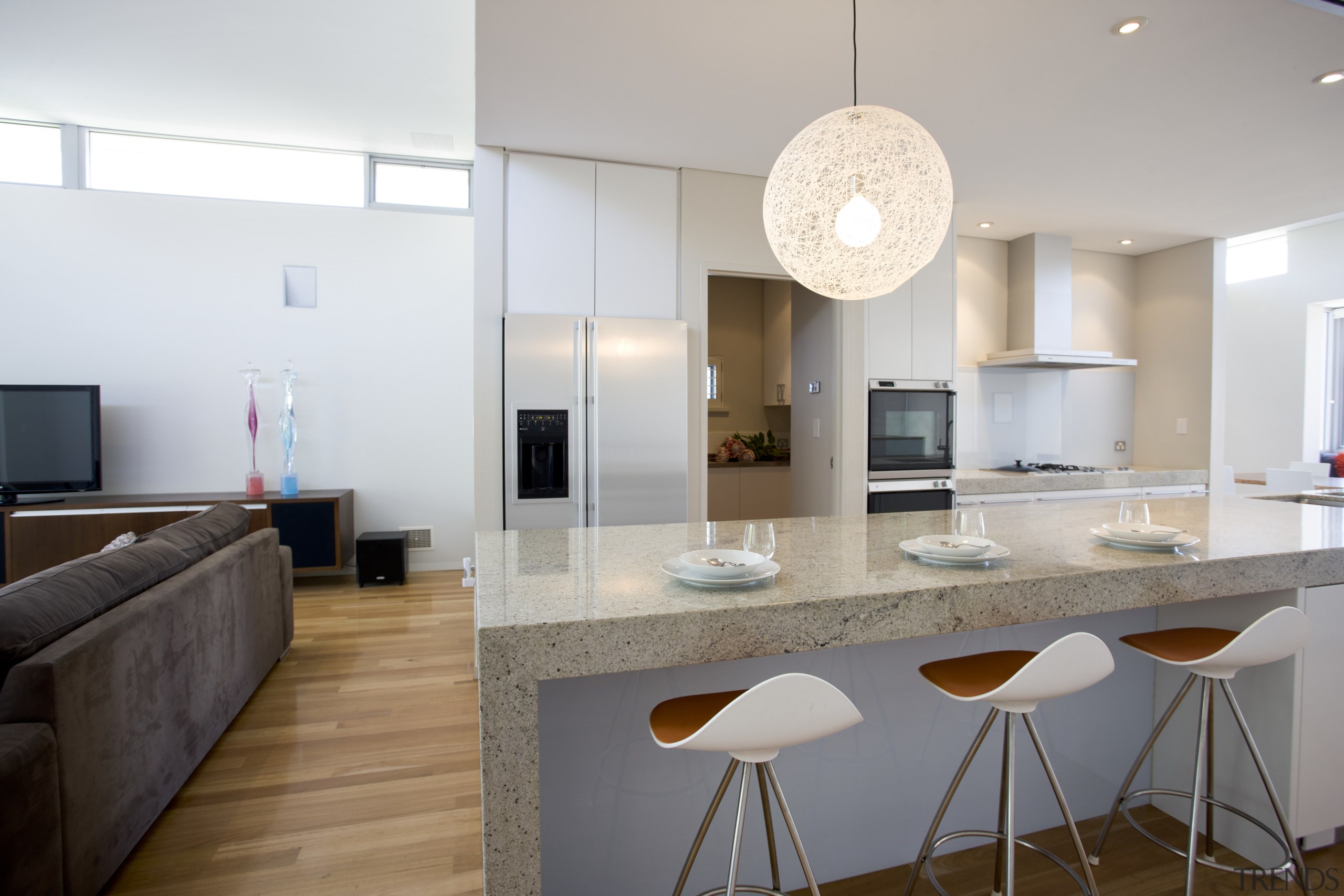 View of contemporary kitchen with marble island, stools architecture, ceiling, countertop, interior design, interior designer, kitchen, living room, real estate, room, table, gray