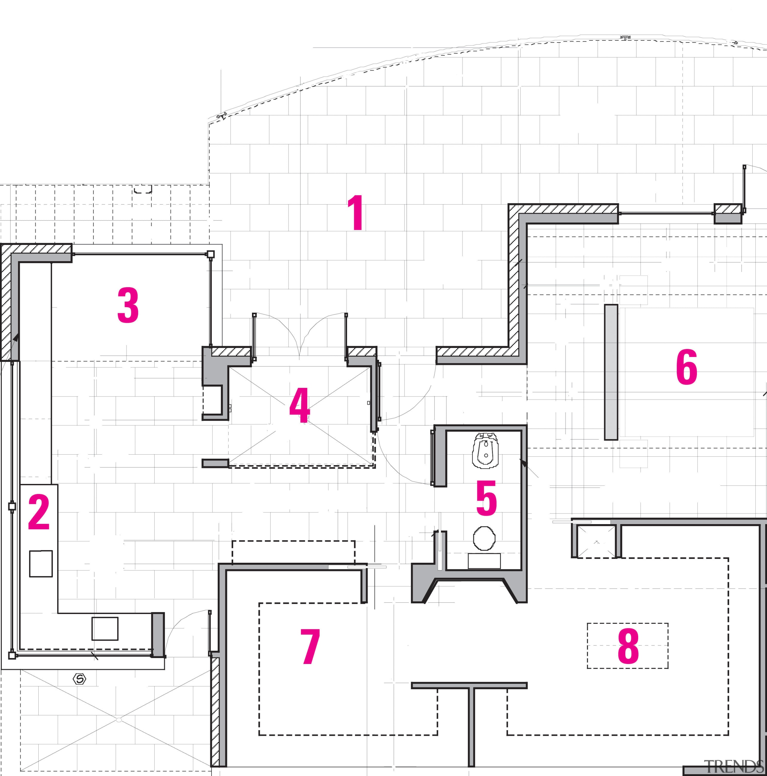 legend for plan: 1 terrace, 2 vanity, 3 architecture, area, design, diagram, floor plan, line, plan, product design, residential area, structure, white